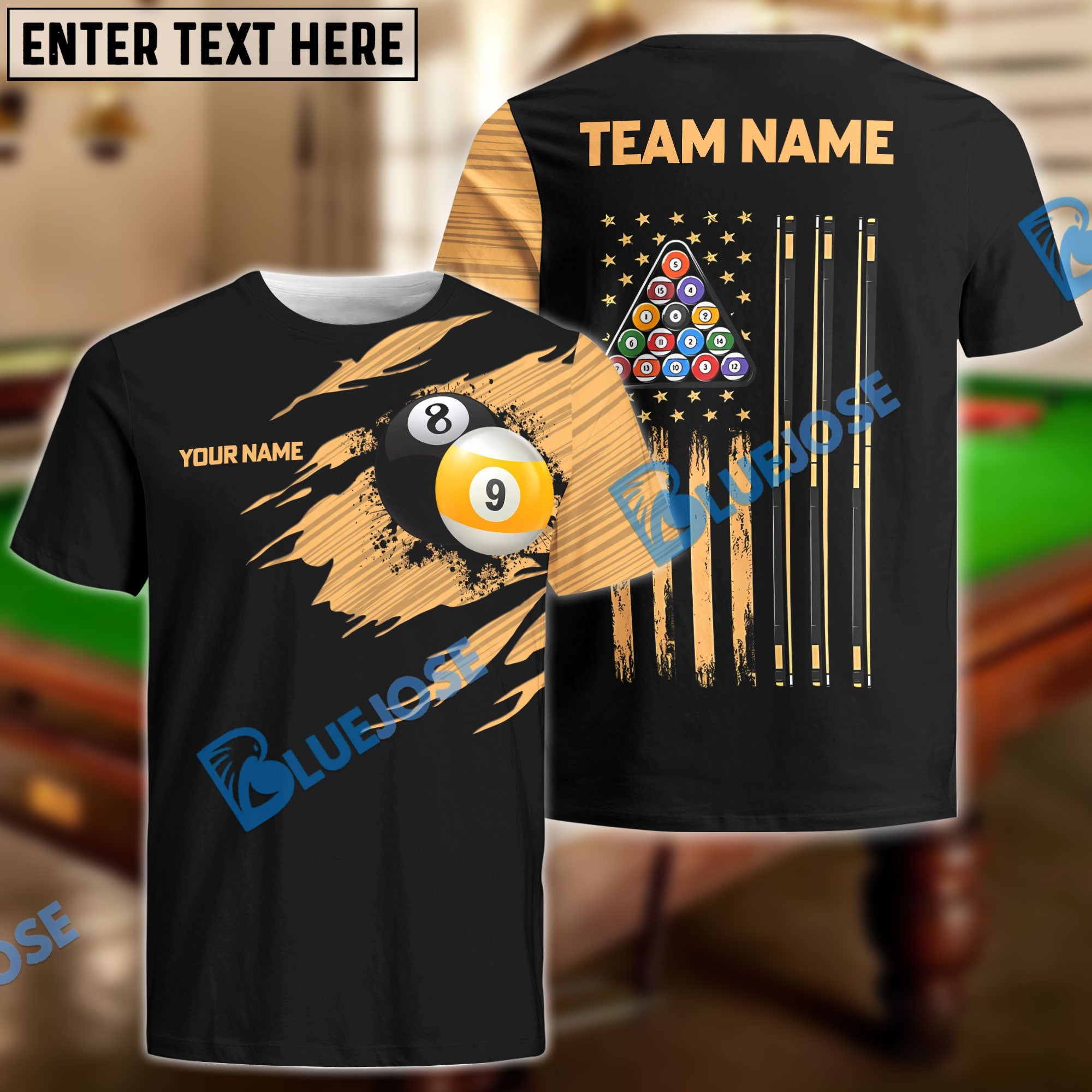 BlueJose Billiards Team Golden 8 Ball & 9 Ball Personalized Shirt
