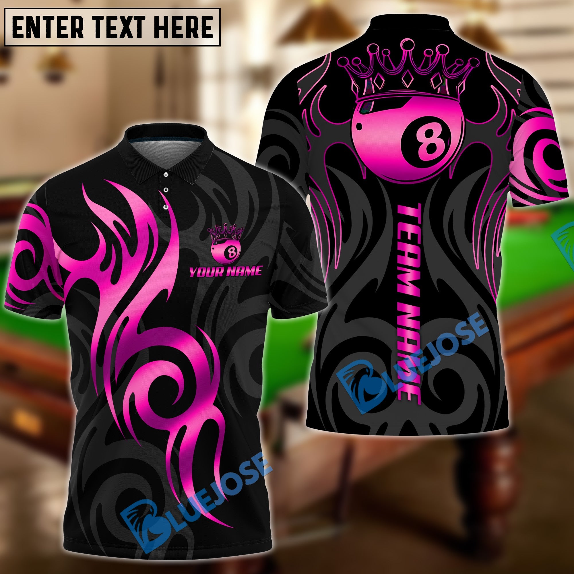 BlueJose Billiards Golden 8 Ball Crown Tribal Pattern Personalized Name, Team Name Shirt (6 Colors)