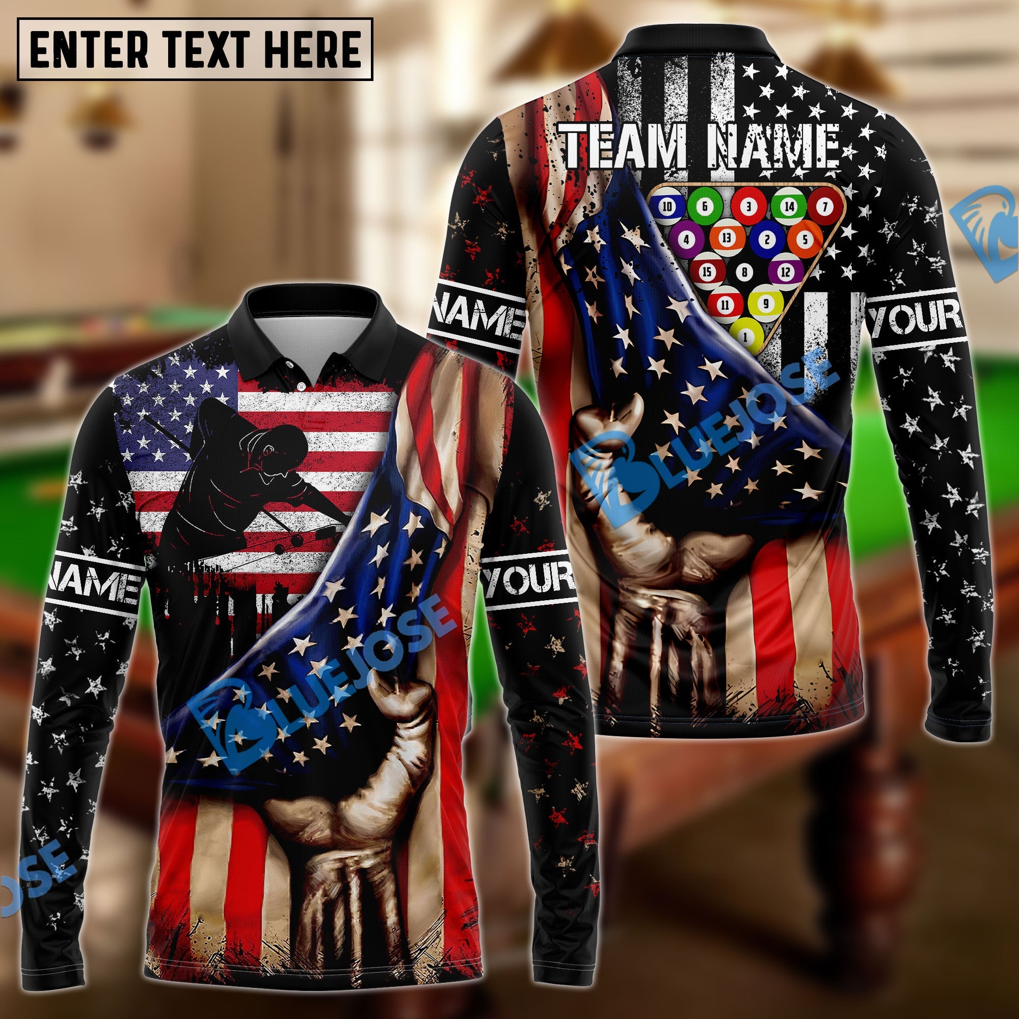 BlueJose Billiards American Flag 8 Ball Player Personalized Shirt
