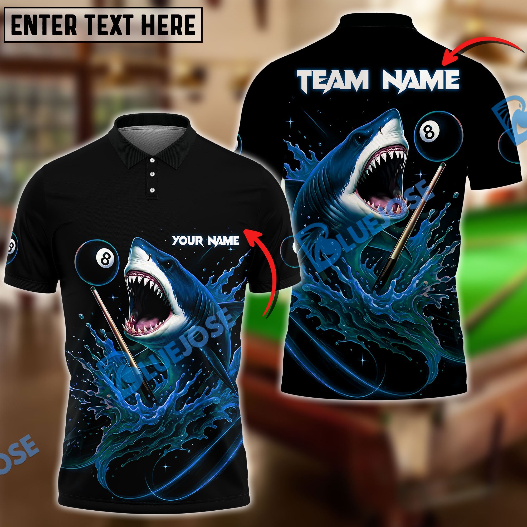 BlueJose Billiards Ball 8 Pool Shark Splash Power Personalized Name & Team Name Shirt (4 Colors)