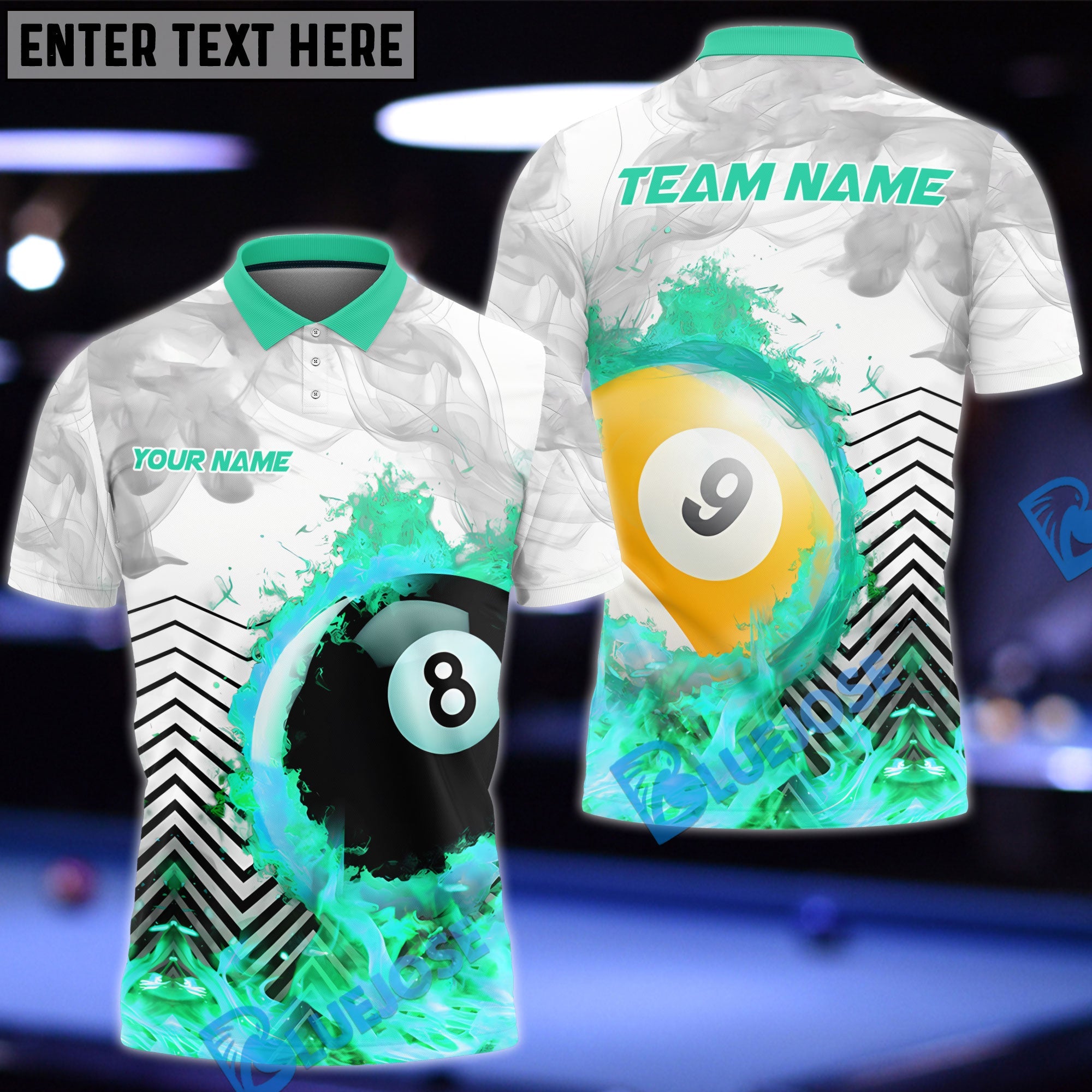 BlueJose Billiards Ball 8 And 9  White Fire Flame Smoke Personalized Name, Team Name Shirt (4 Colors)