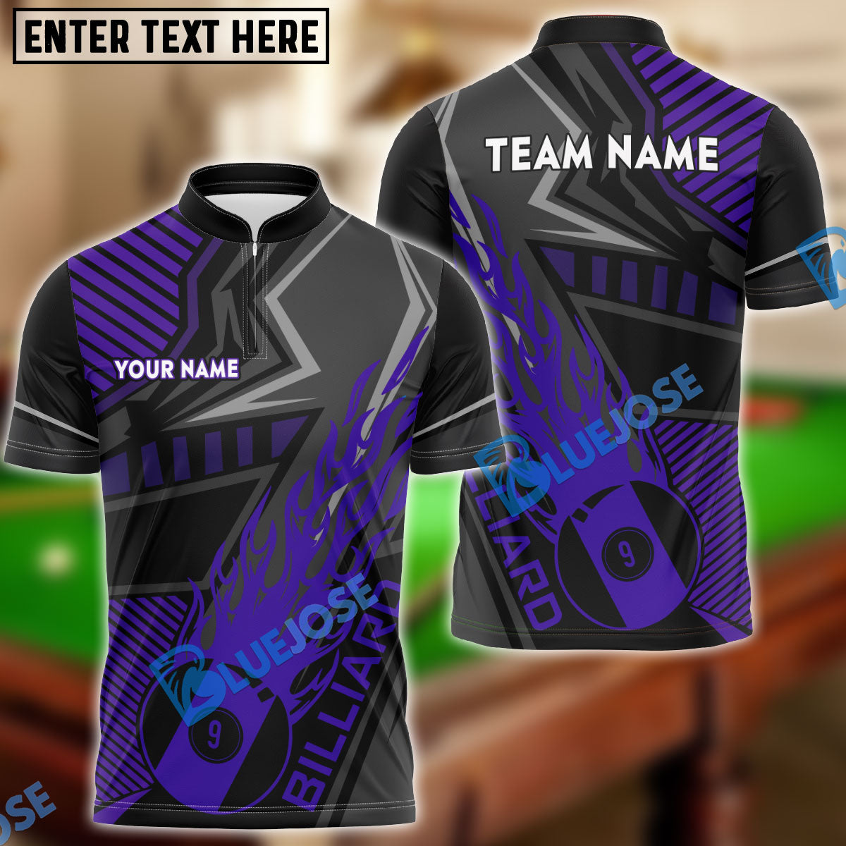 BlueJose Billiards Ball 9 Black Fire Personalized Name, Team Name Shirt (4 Colors)