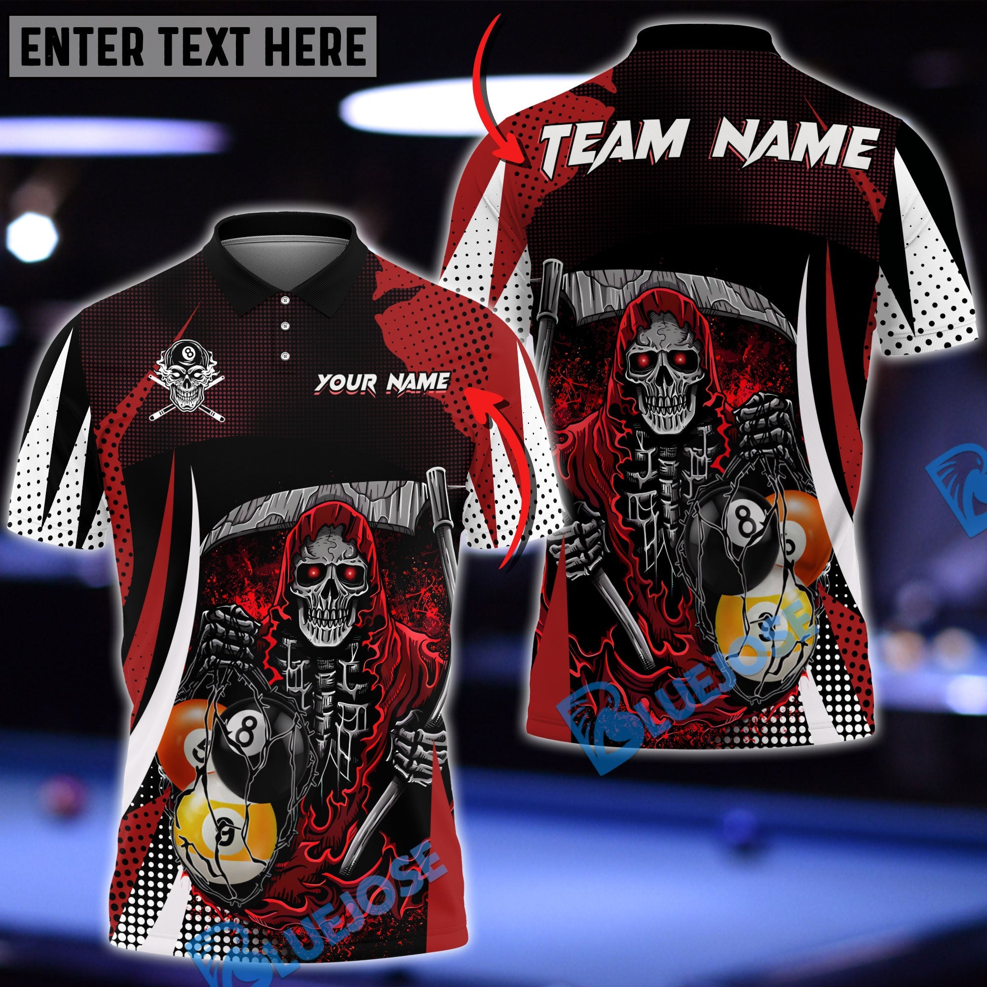 BlueJose Billiards  8 Ball & 9 Ball Death Bringer Reaper Personalized Name, Team Name Unisex Shirt (6 Colors)