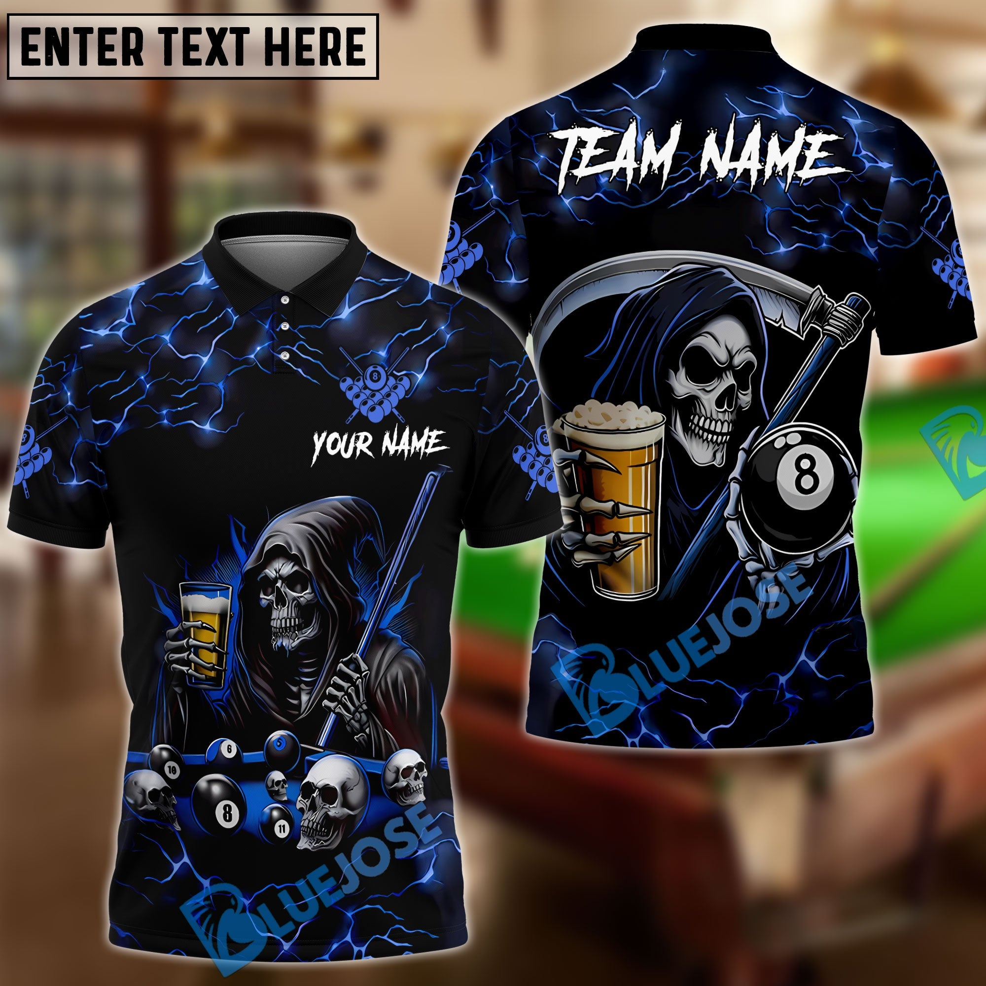 BlueJose Billiards Ball 8 Death Skeleton & Beer Personalized Shirt (6 Colors)