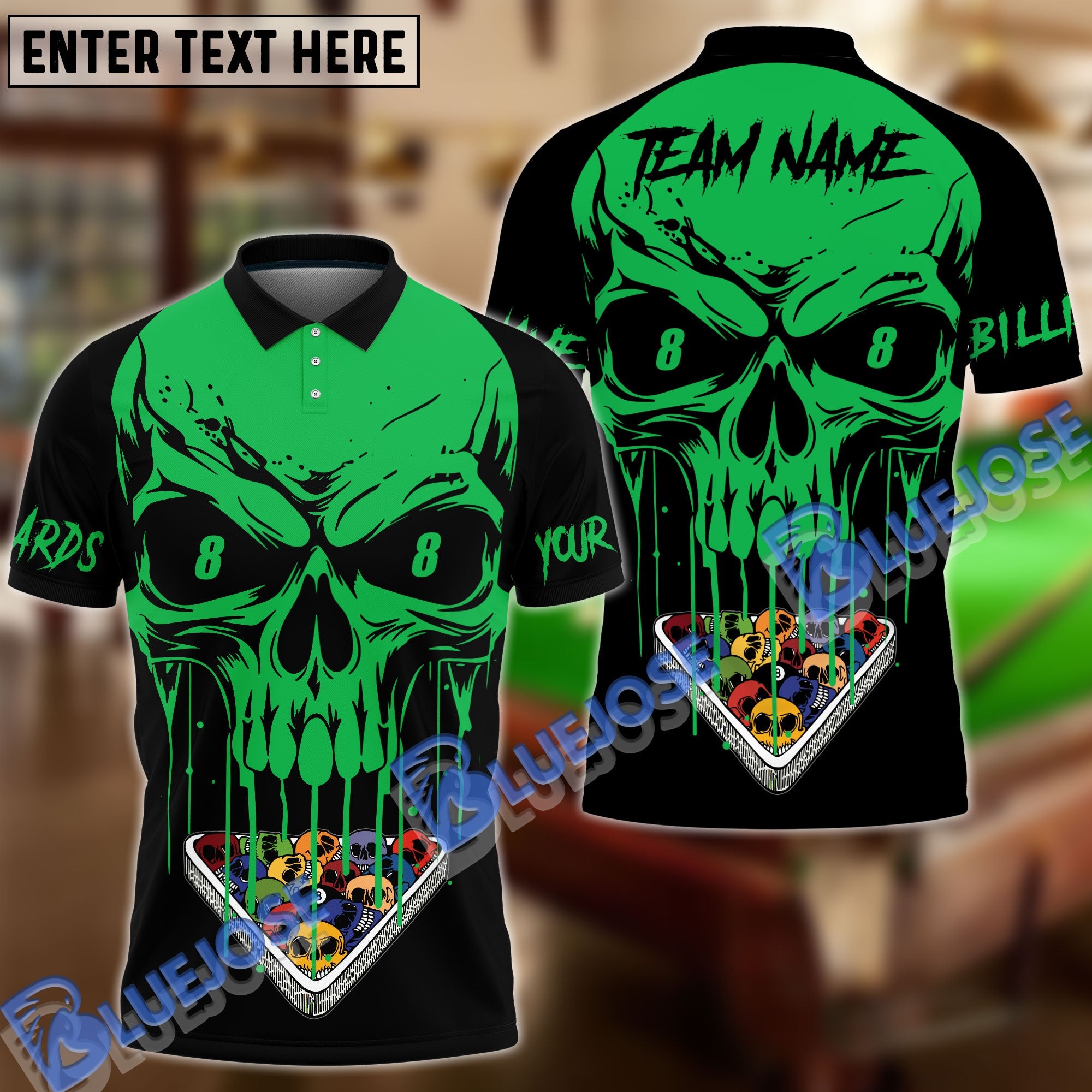 BlueJose Billiards Ball 8 Skull Personalized Name & Team Name Shirt (4 Colors)