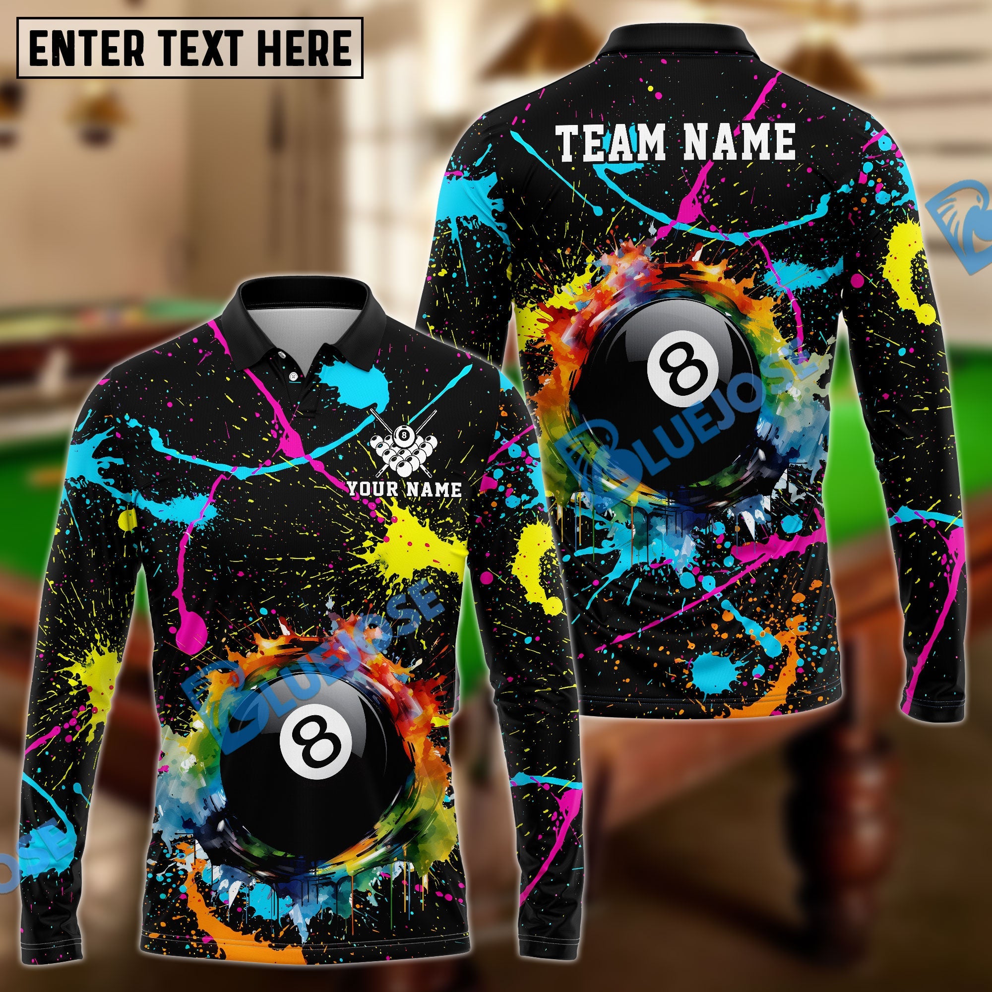 BlueJose Billiards Ball 8 Paint Color Customized Name, Team Name 3D Shirt