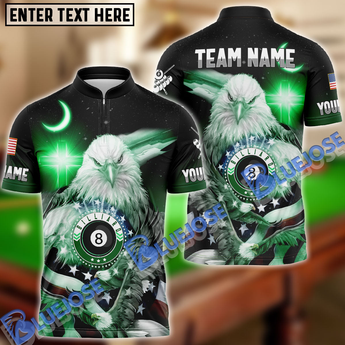 BlueJose Billiards Ball 8 Cross Eagle American Flag Personalized Name & Team Name Shirt (4 Colors)