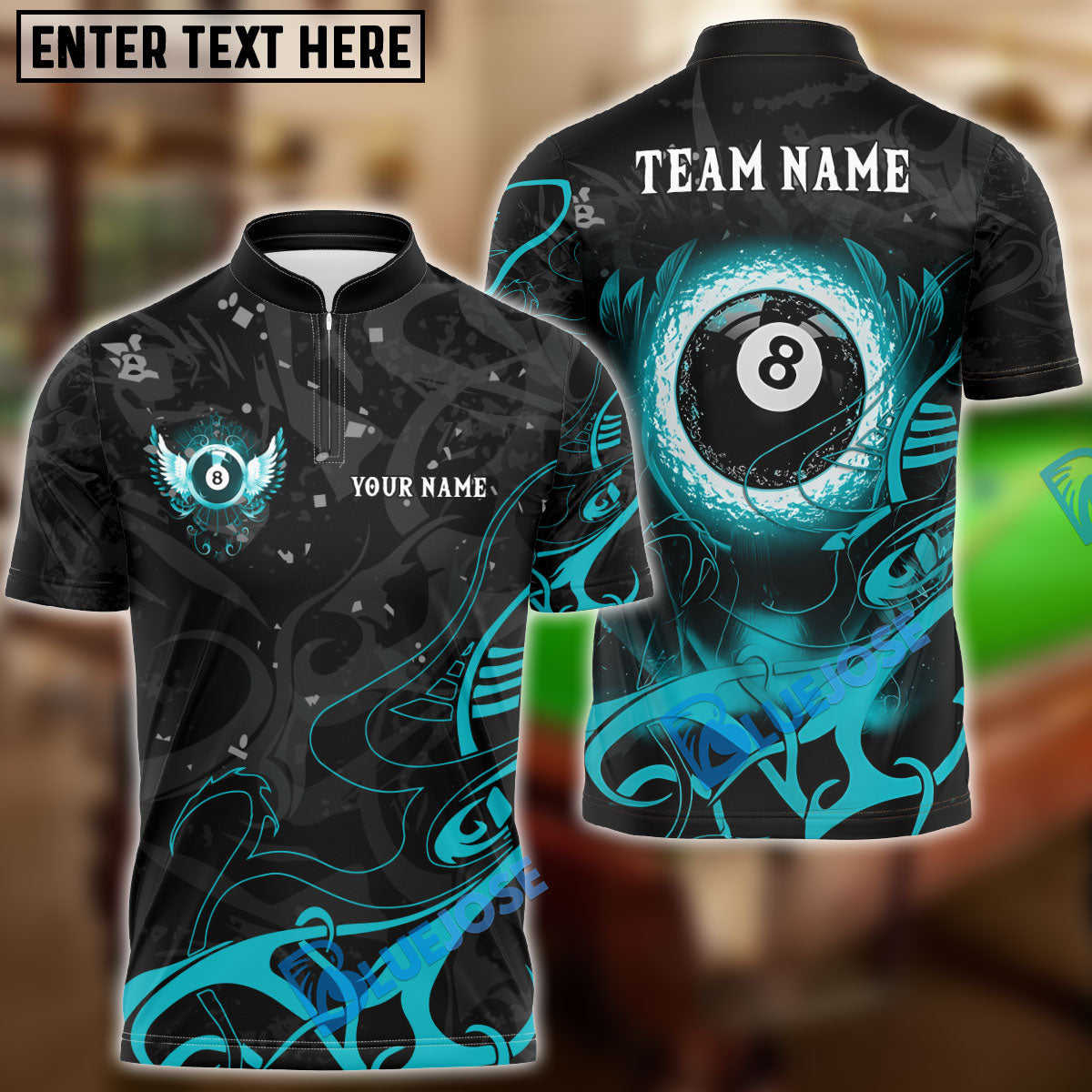 BlueJose Billiards 8 Ball Wing Personalized Name, Team Name Shirt (6 Colors)