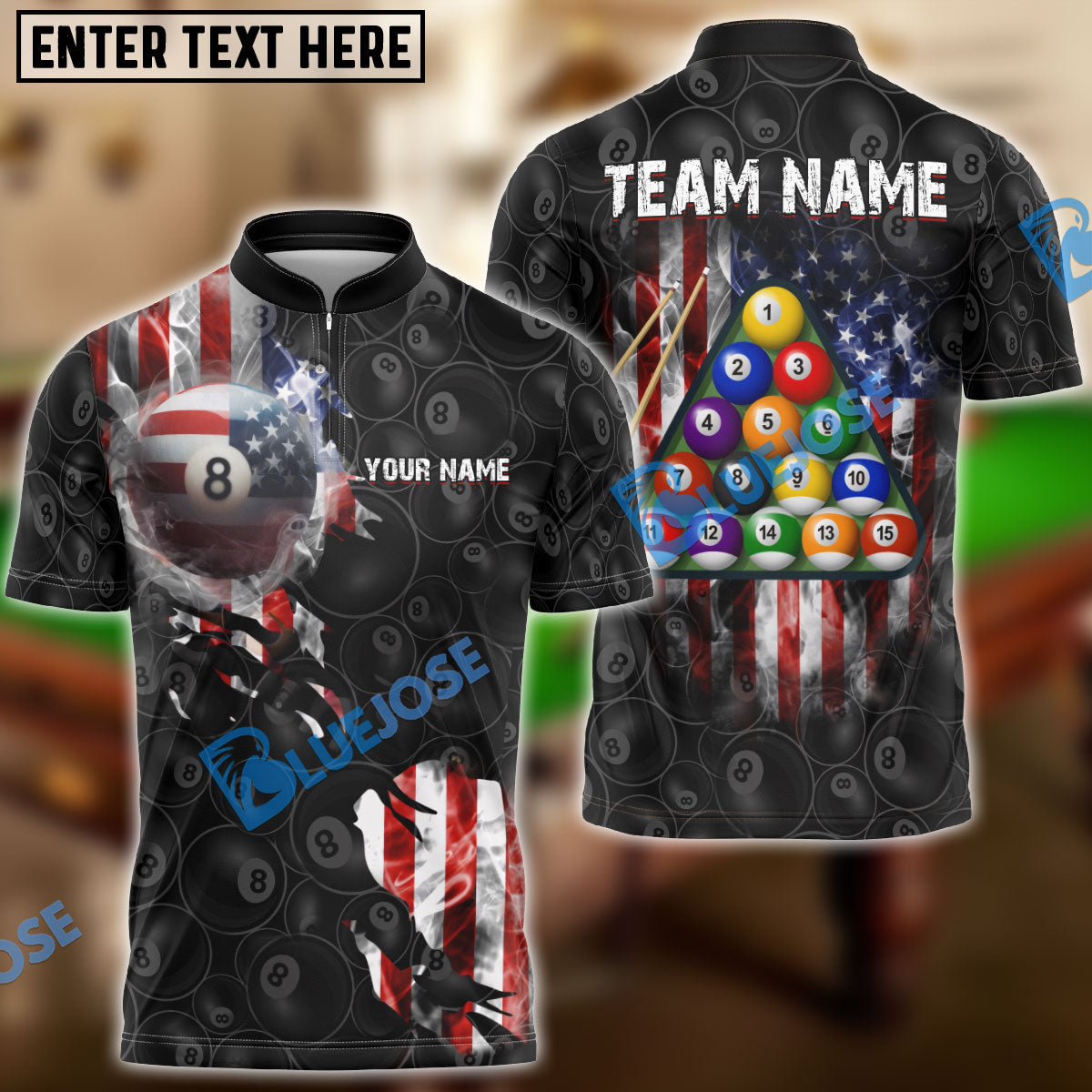 BlueJose Billiards USA Flag 8 Ball Stars And Stripes Style Personalized Shirt (2 Colors)