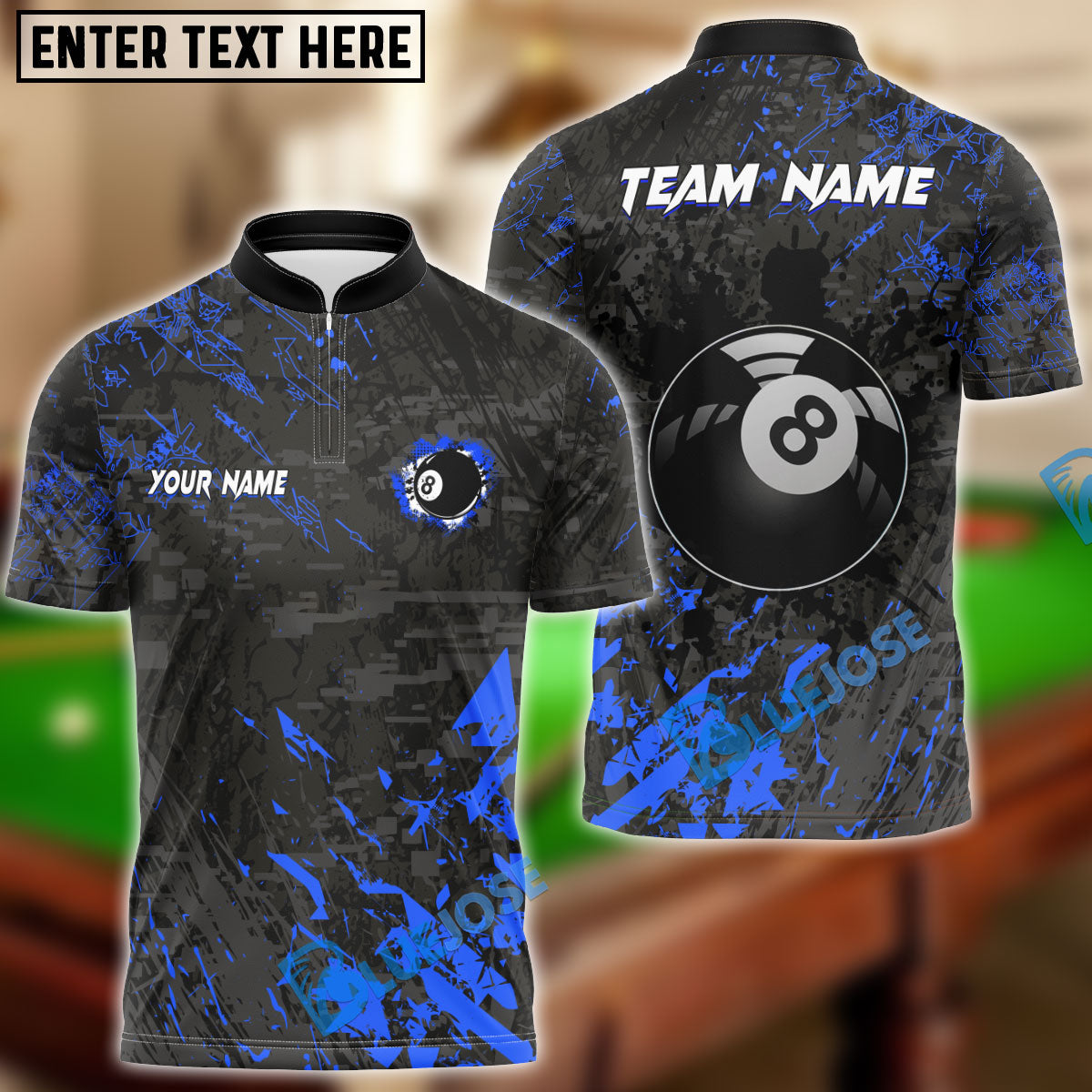 BlueJose Billiards 8 Ball Black Stains Grunge Personalized Name Shirt (5 Colors)
