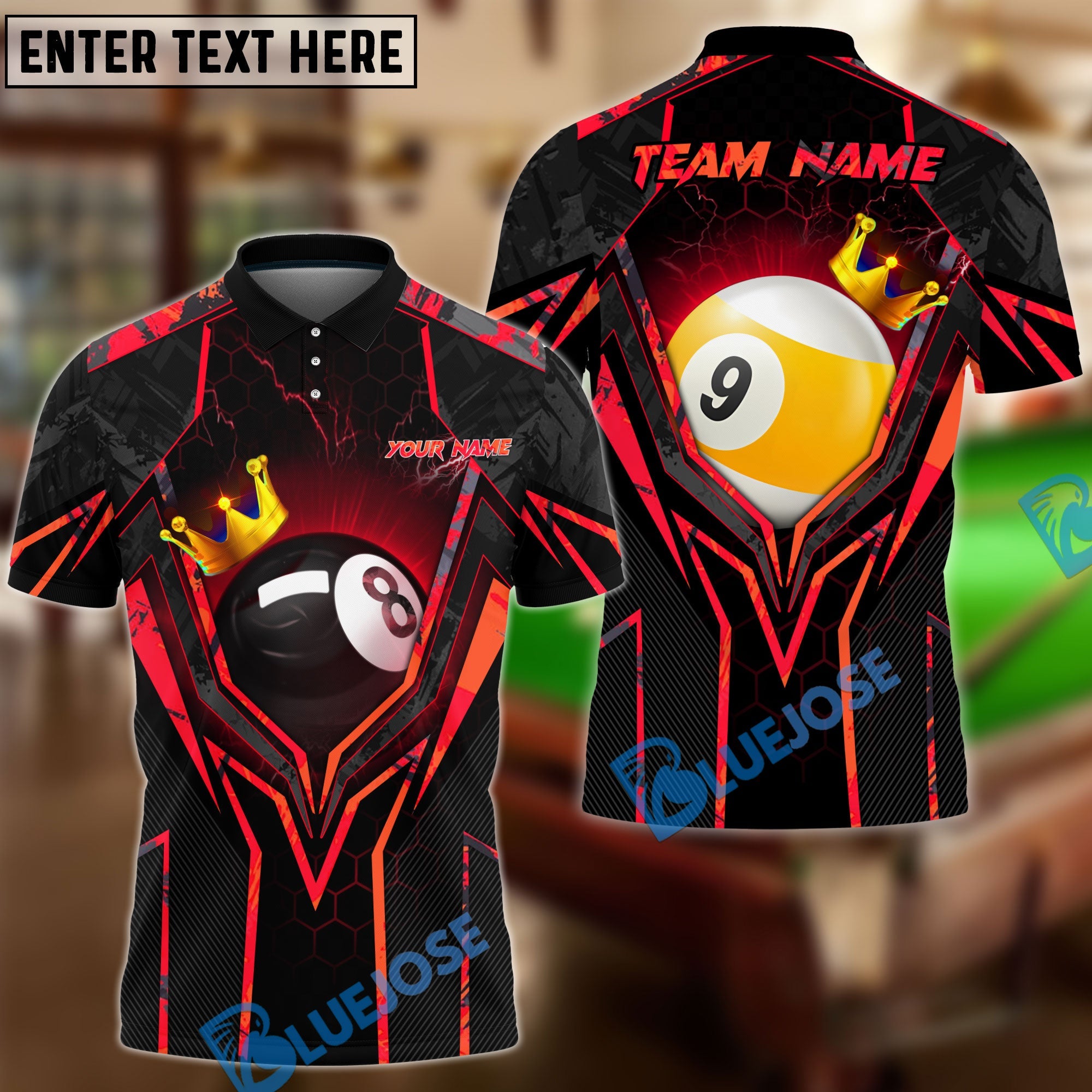 BlueJose Billiards King 8 Ball & 9 Ball Personalized Name, Team Name Shirt (4 Colors)