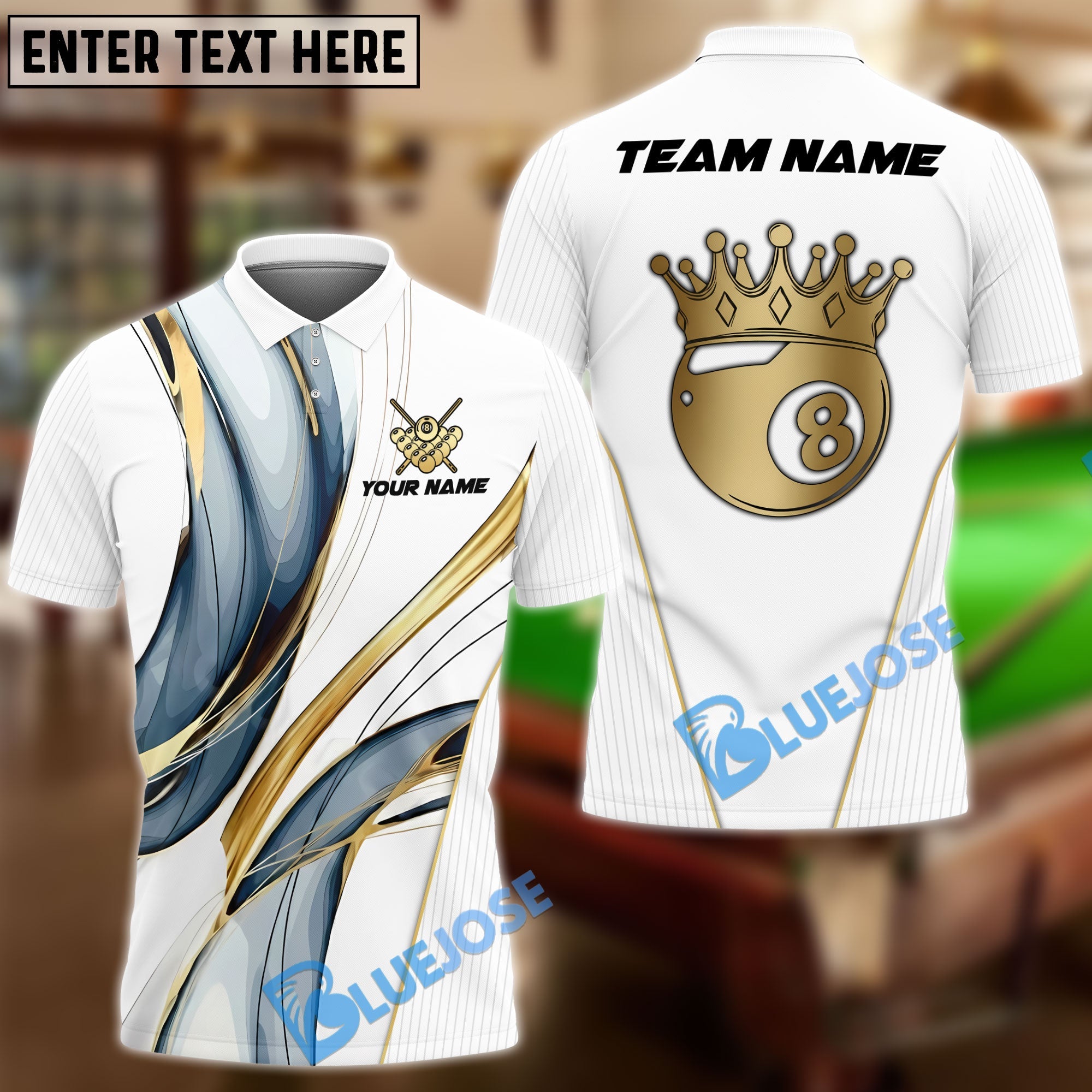 BlueJose Billiards Ball 8 White Gold Crown Personalized Name Shirt (4 Colors)
