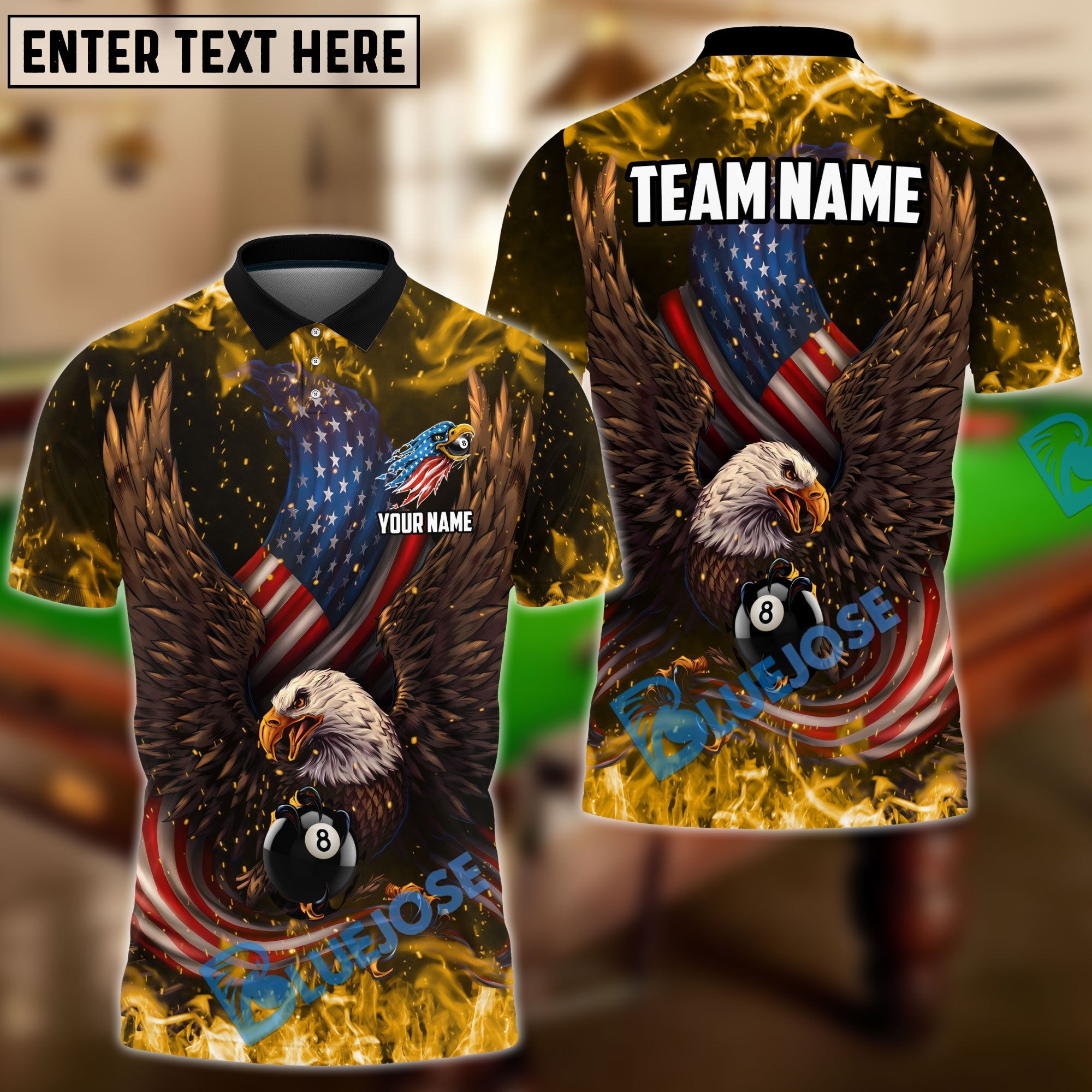 BlueJose Billiards Ball 8 Eagle US Flag Pattern Personalized Name Shirt (6 Colors)