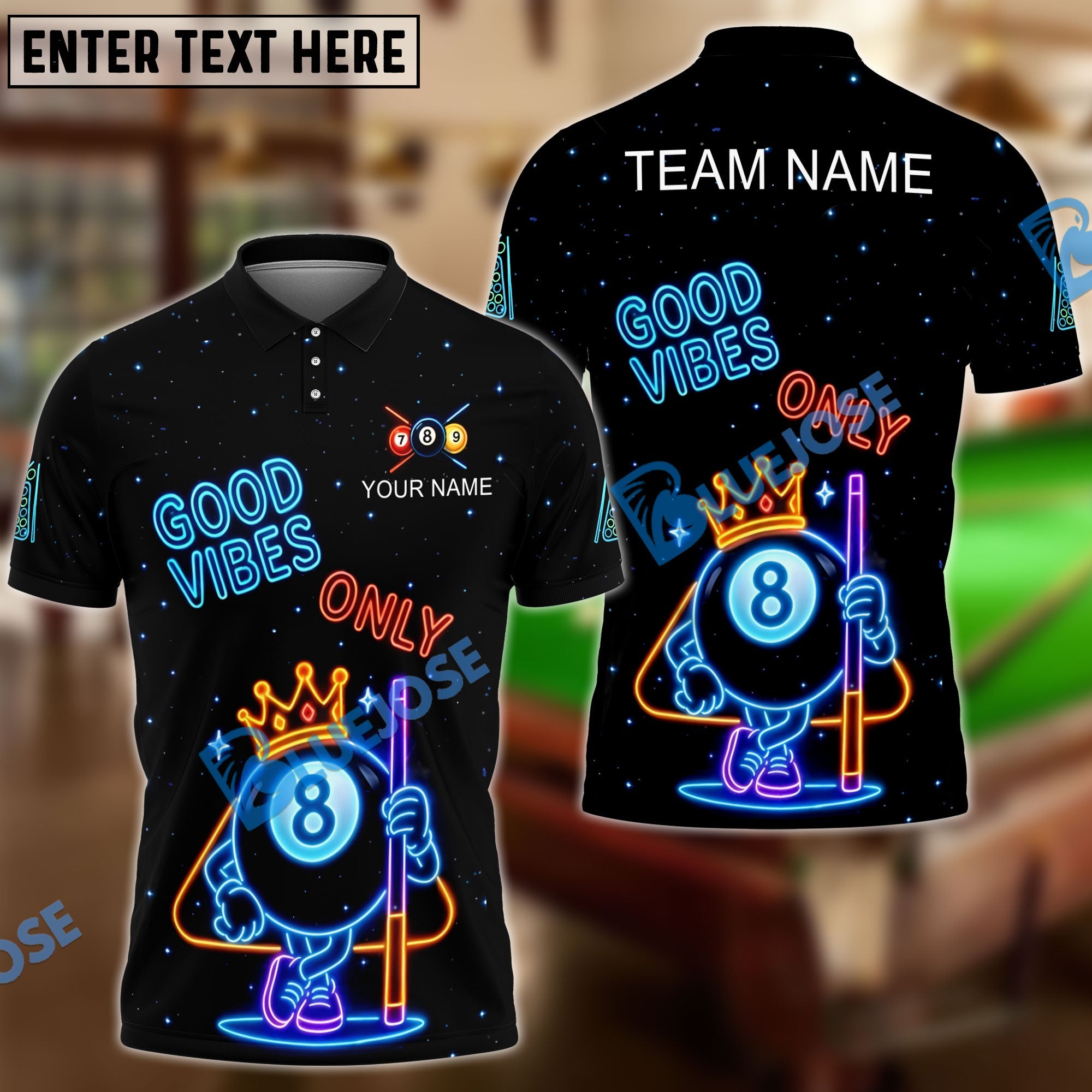 BlueJose Billiards 8-Ball Good Vibes Neon Crown Personalized Name Shirt (4 Colors)