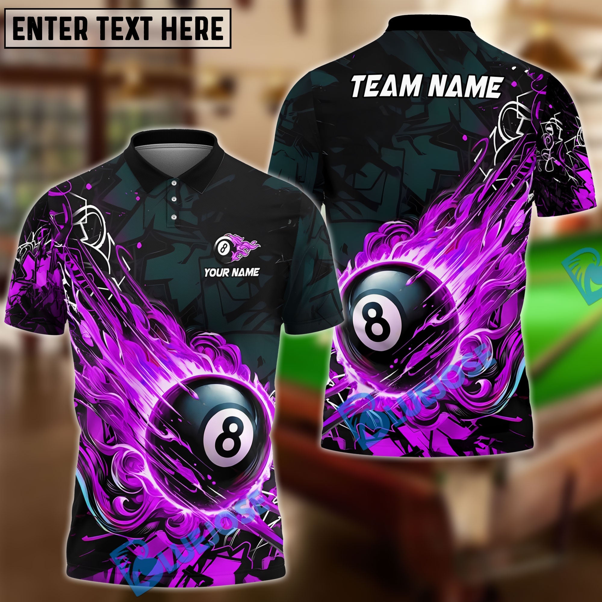 BlueJose Billiards Ball 8 Fireball Magic Personalized Name Shirt (4 Colors)