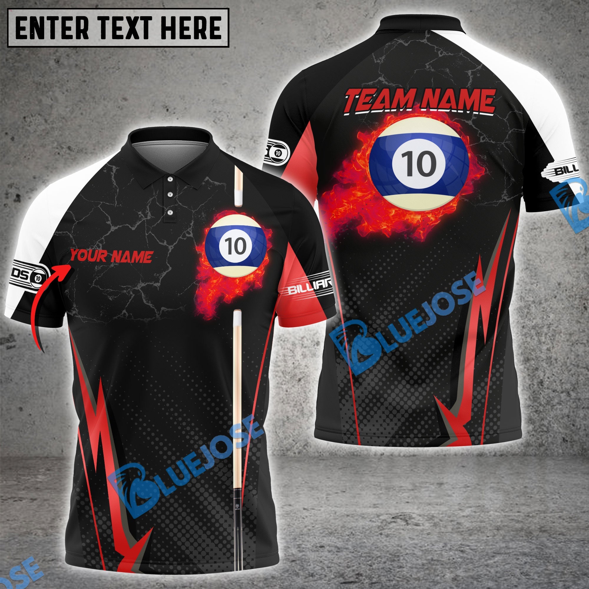 BlueJose Billiards Ball 10 Fire Cue Personalized Name, Team Name Unisex Shirt (4 Colors)