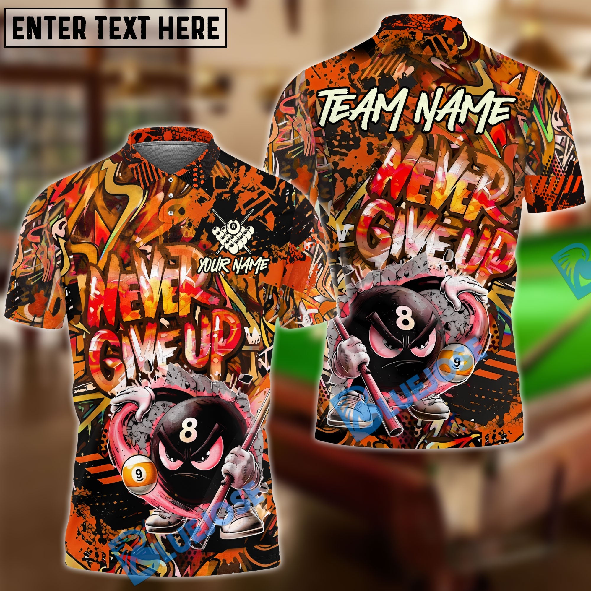 BlueJose Billiards 8 Ball Serious Never Give Up Graffiti Personalized Name Shirt (4 Colors)