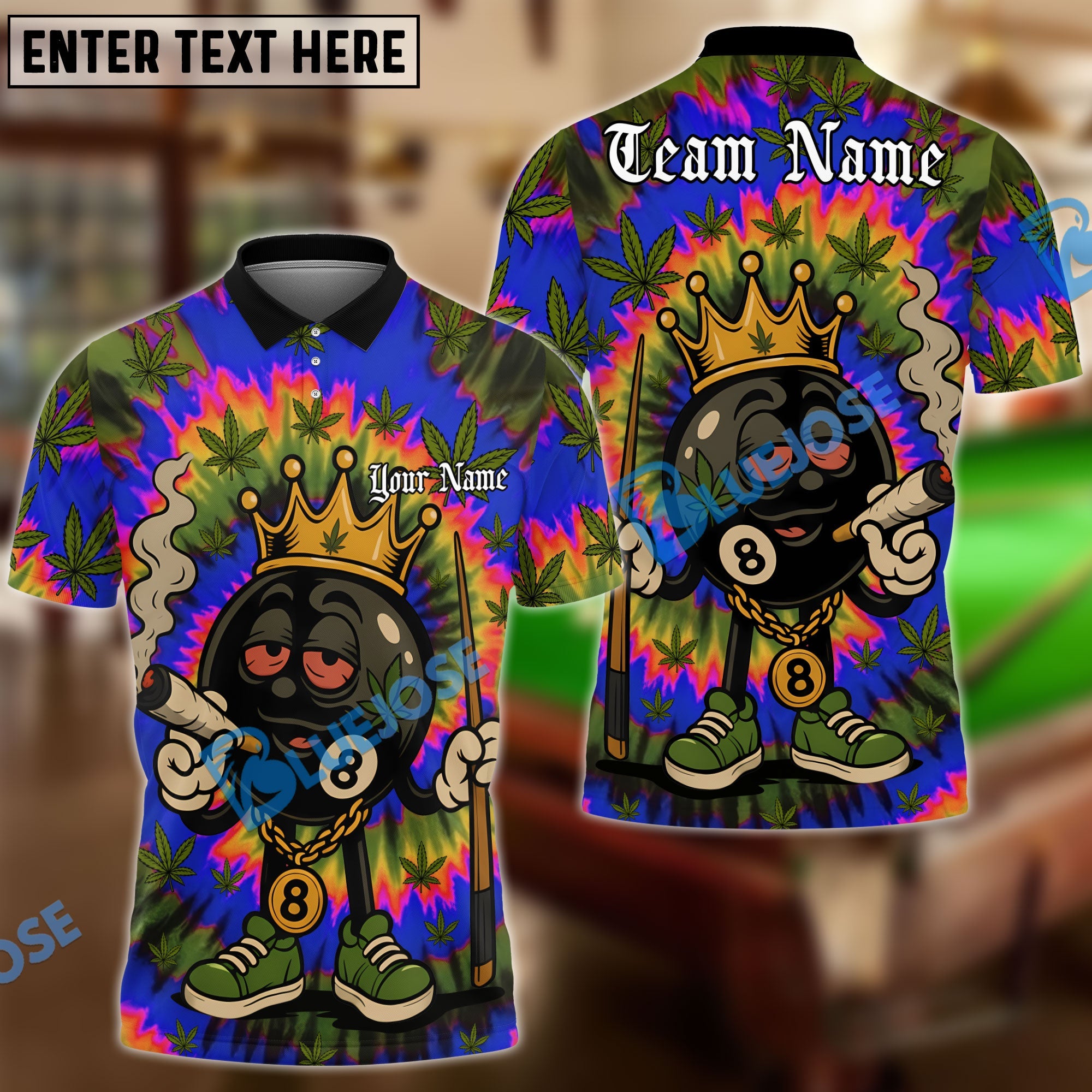 BlueJose Billiards 8 Ball Cartoon Rasta Weed Leaf Personalized Name, Team Name Unisex Shirt (4 Colors)