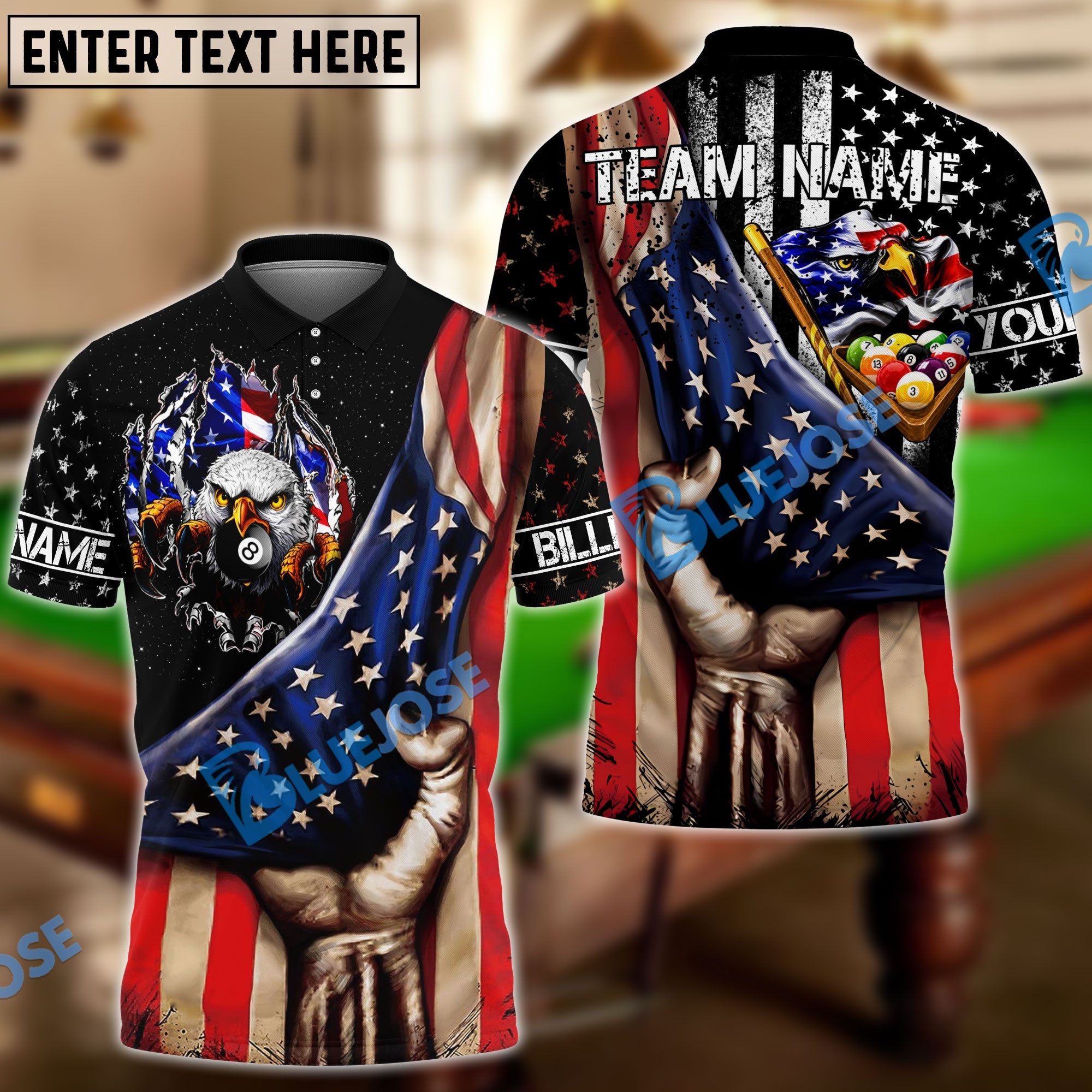 BlueJose Billiards Ball 8 American Flag Eagle Player Customized Name, Team Name 3D Shirt
