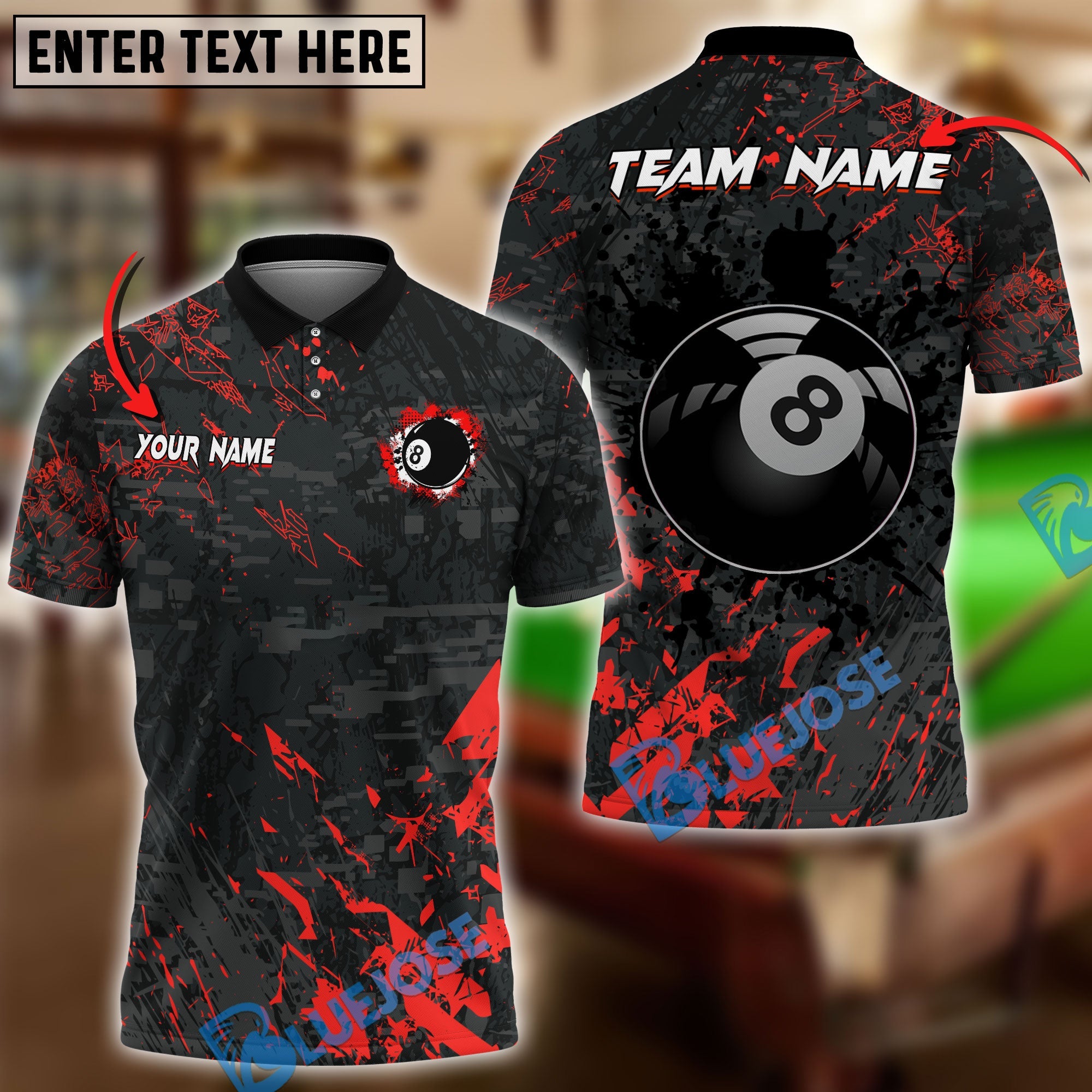 BlueJose Billiards 8 Ball Black Stains Grunge Personalized Name Shirt (5 Colors)