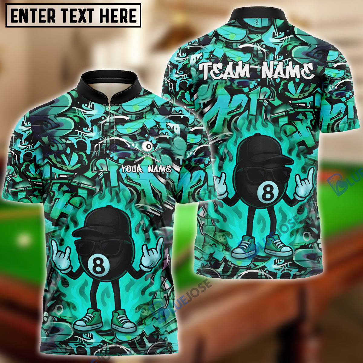 BlueJose Billiards 8 Ball Fire Graffiti Hip Hop Swag Personalized Name, Team Name Unisex Shirt (4 Colors)