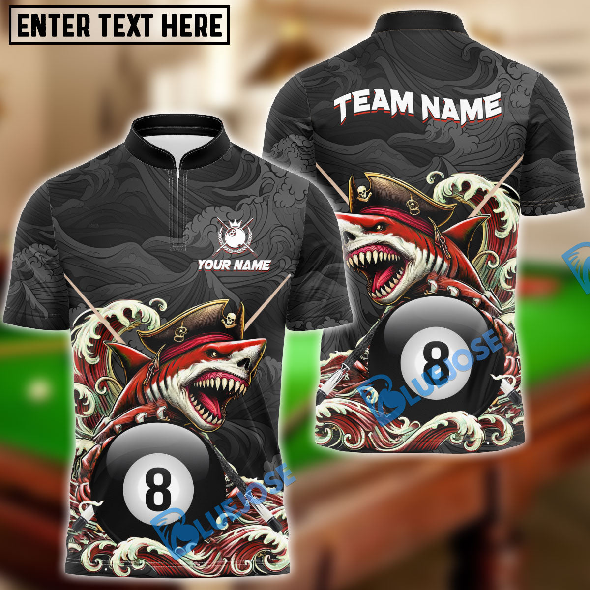 BlueJose Billiards Shark Pirate Personalized Name Shirt (6 Colors)