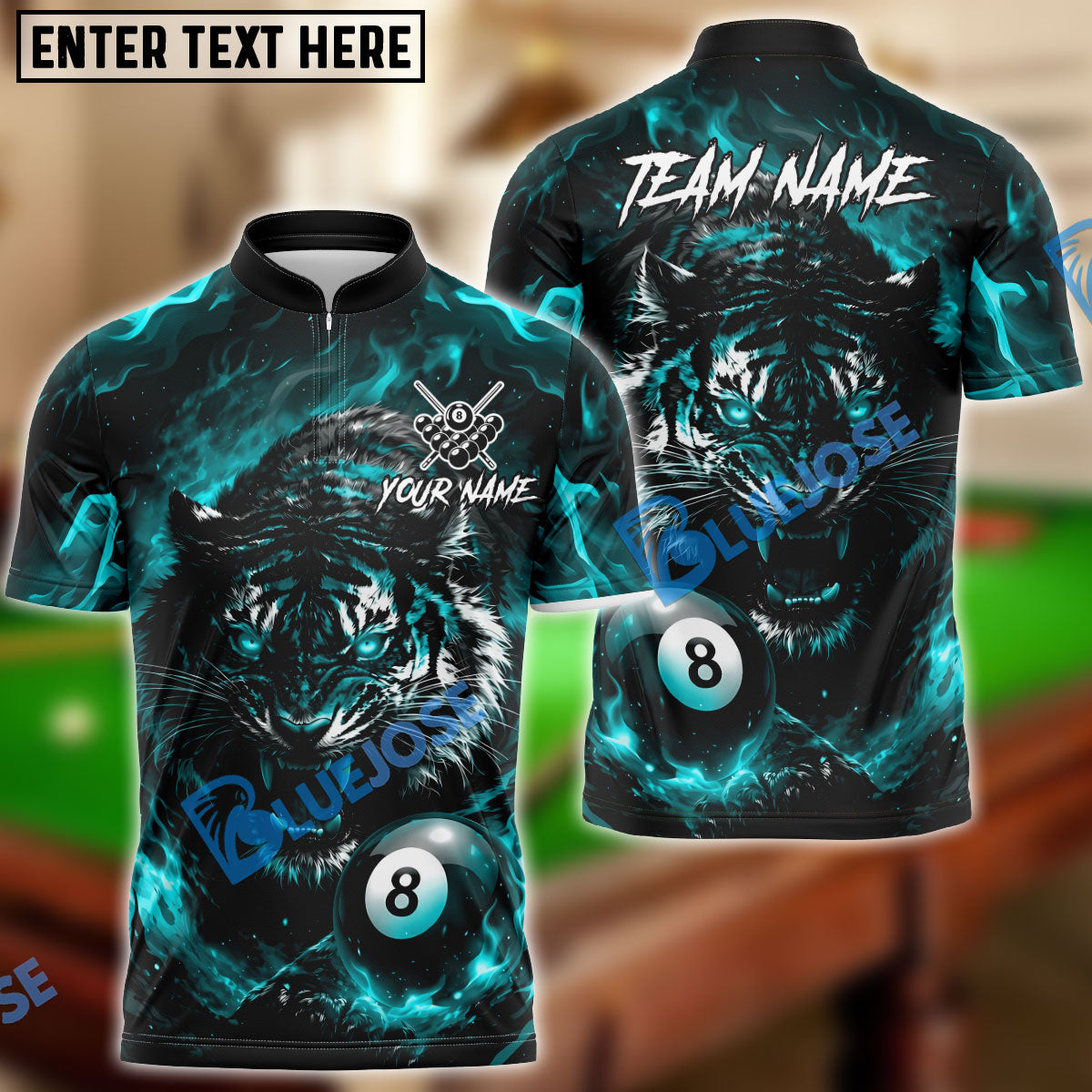 BlueJose Billiards 8 Angry Tiger Fire Energy Personalized Name Shirt (4 Colors)