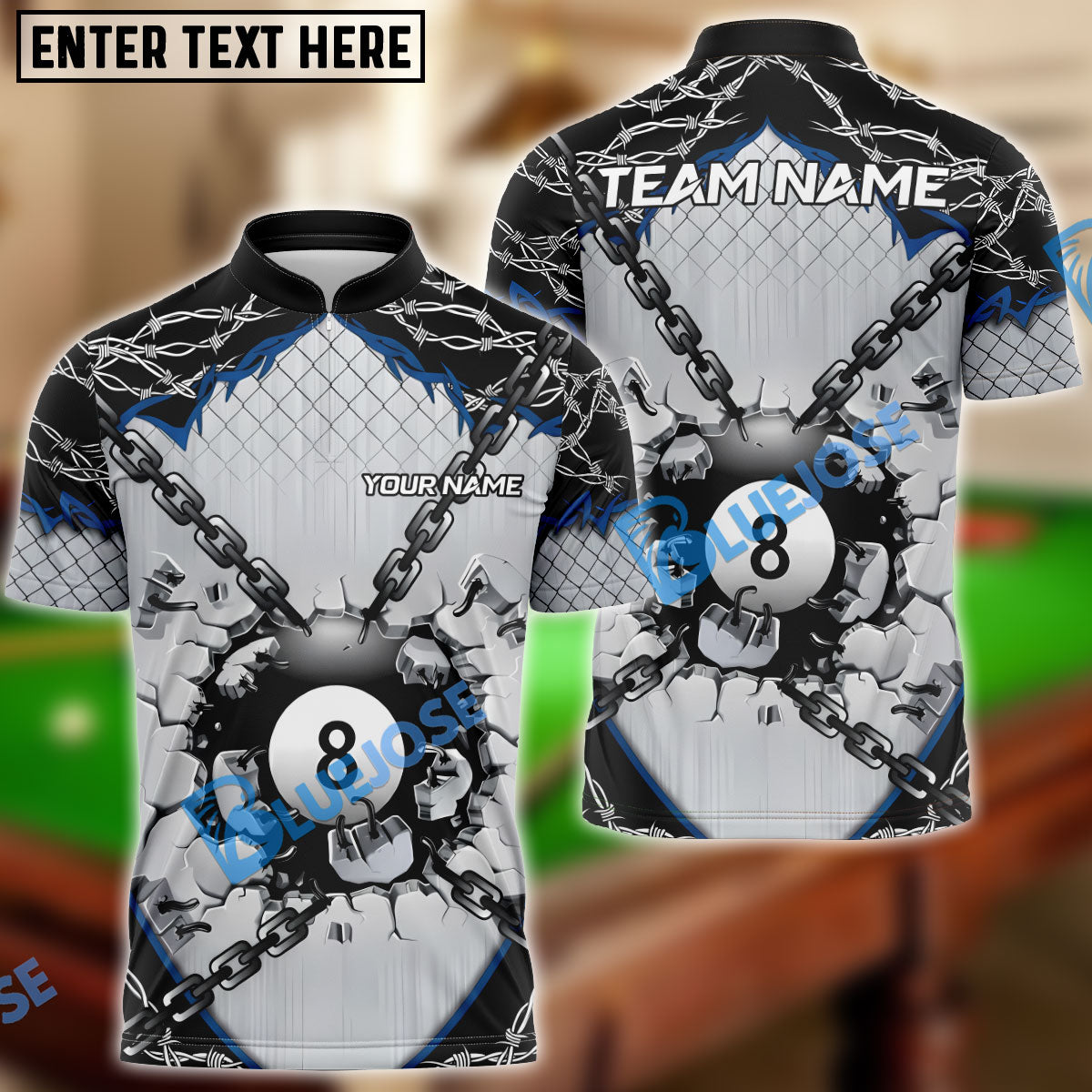 BlueJose Billiards Chain Breaker 8-Ball Customized Name, Team Name 3D Shirt (4 Colors)