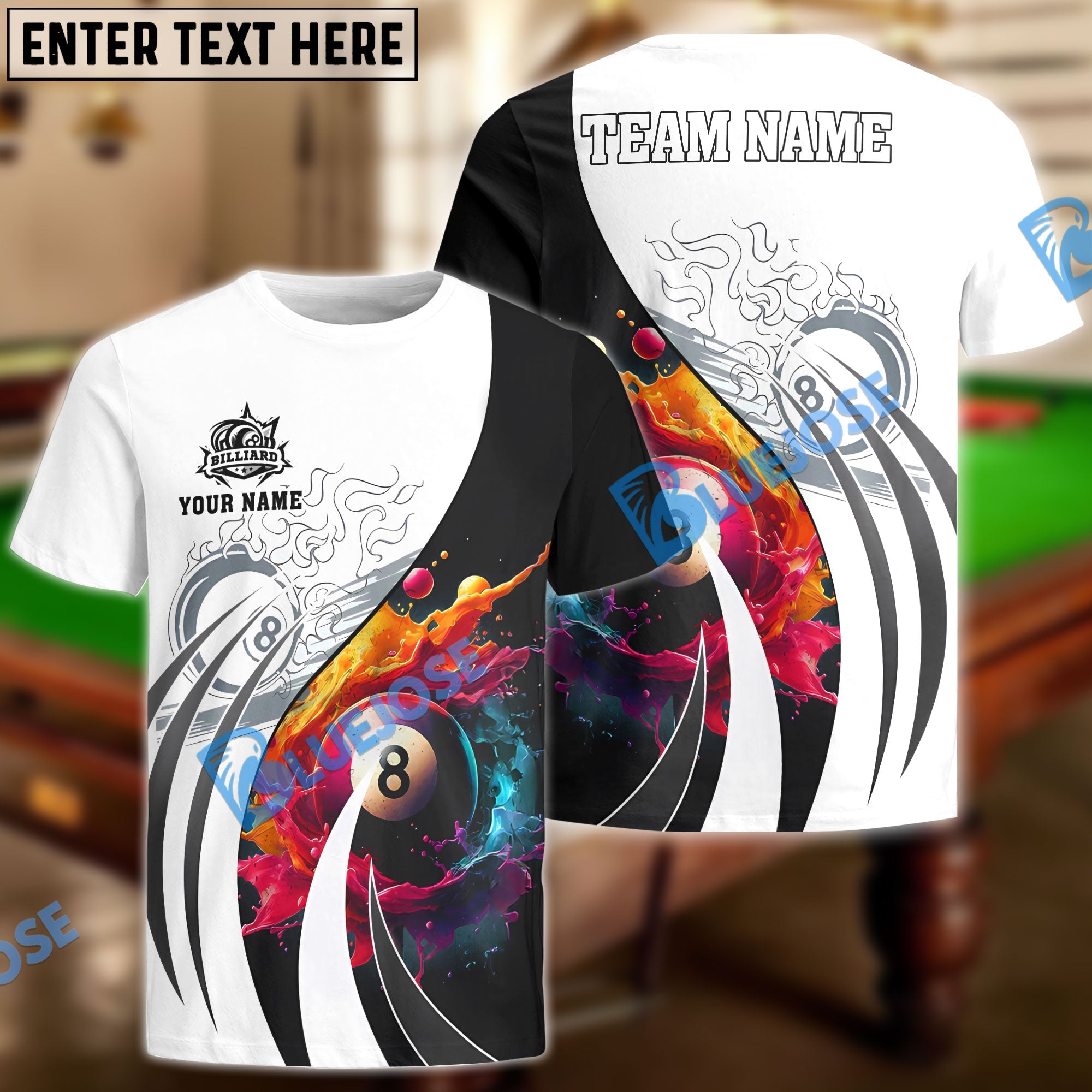 BlueJose Billiards Ball 8 Colorful Paint Personalized Name Shirt