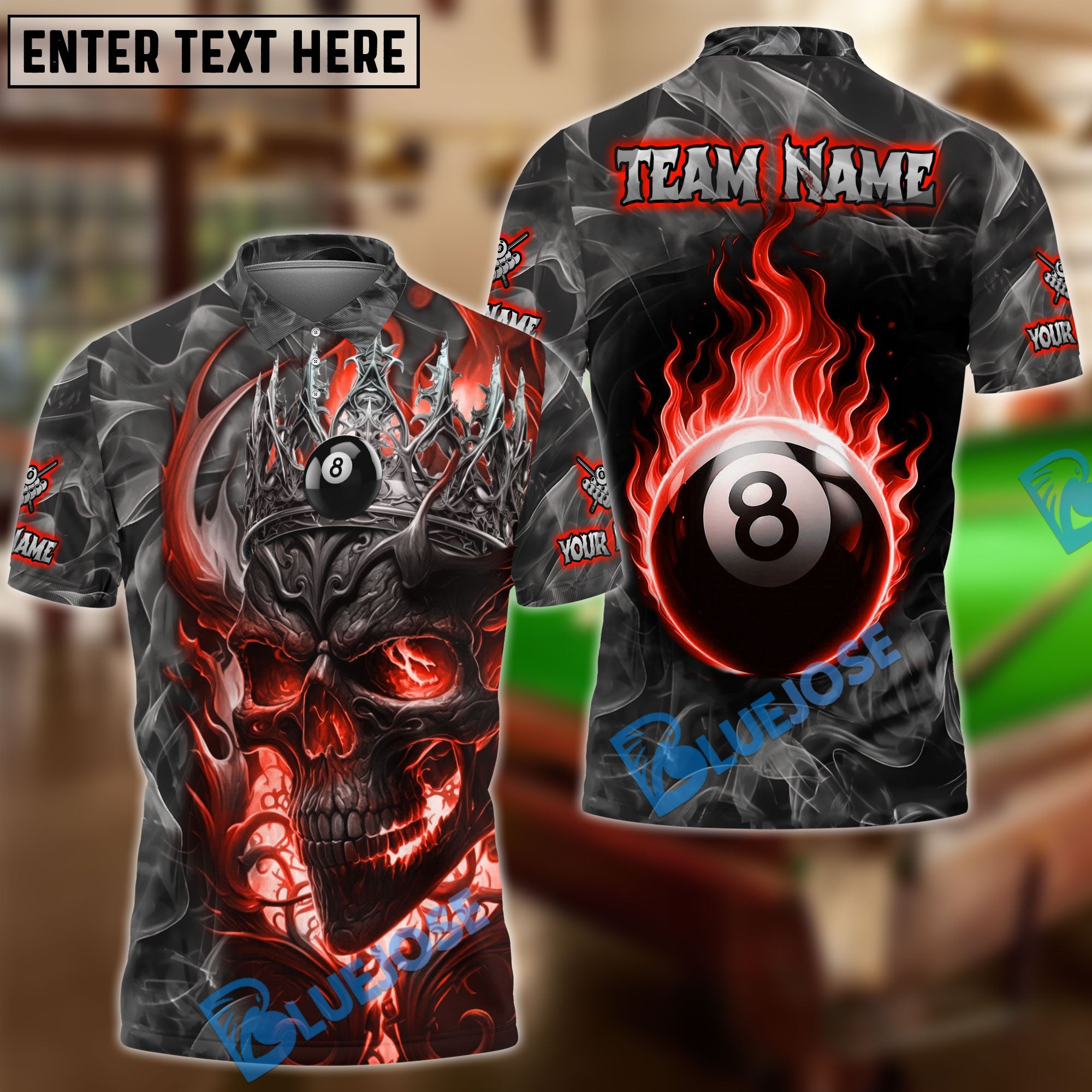 BlueJose Billiards Ball 8 Flame King Skull Personalized Name Shirt (4 Colors)