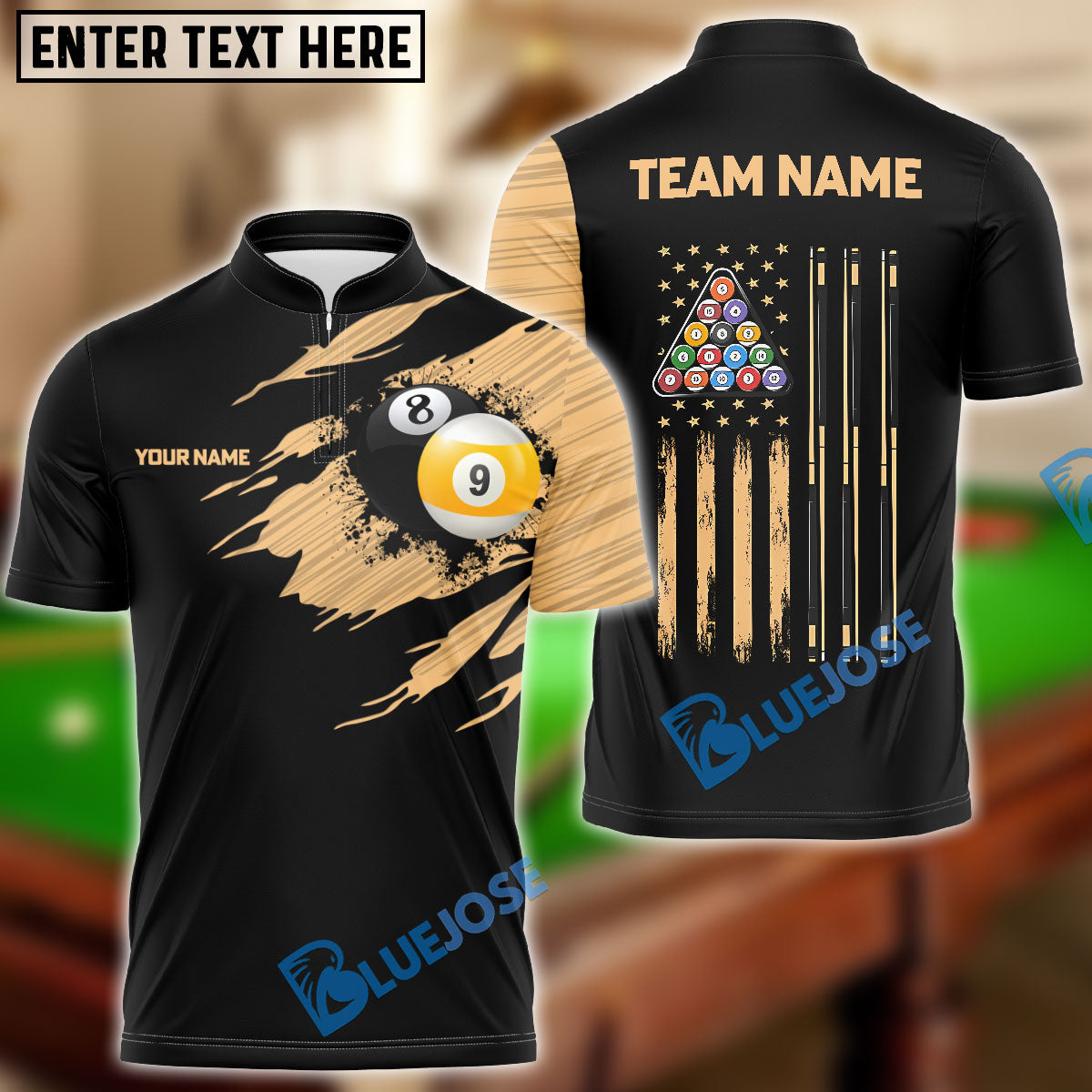 BlueJose Billiards Team Golden 8 Ball & 9 Ball Personalized Shirt
