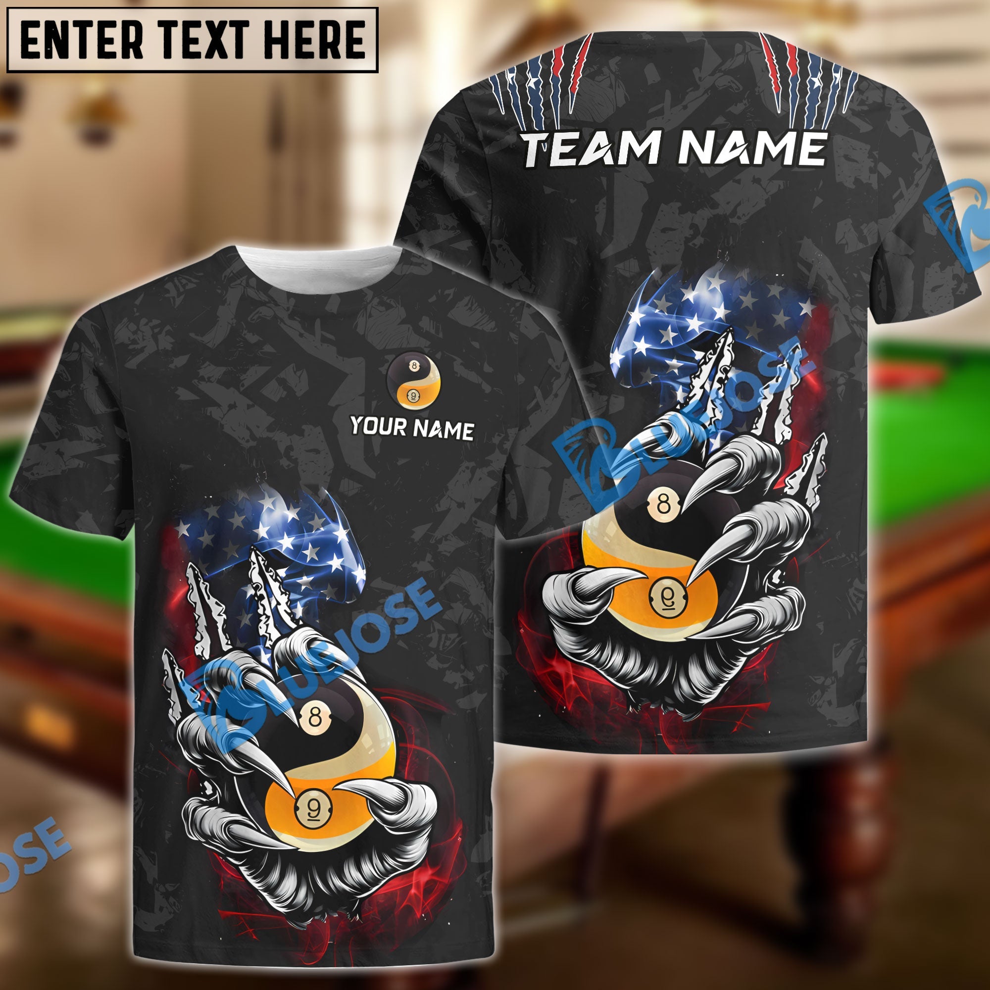 BlueJose Billiards Ball 8 & 9 Yinyang Funny Claw Tearing US Flag Personalized Name, Team Name Unisex Shirt