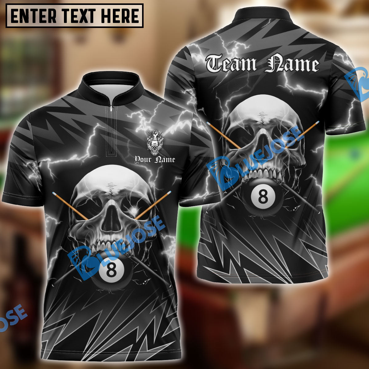 BlueJose Billiards Ball 8 Deadly Thunder Skull Personalized Name Shirt (6 Colors)