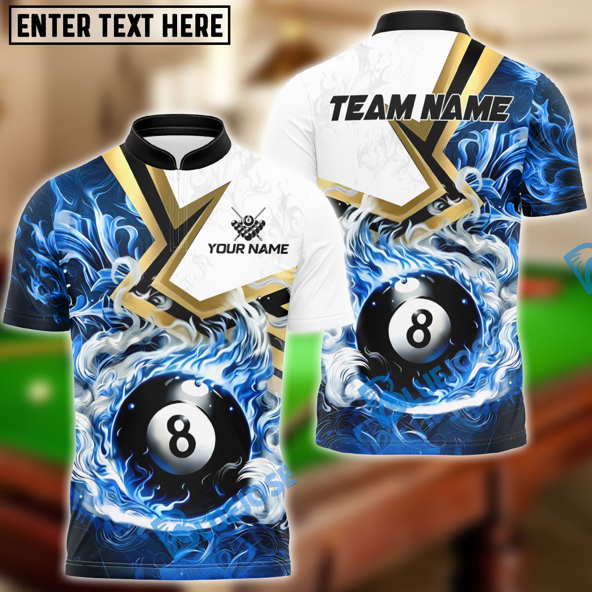 BlueJose Billiards 8-Ball White Flame Burst Personalized Name, Team Name Unisex Shirt (4 Colors)