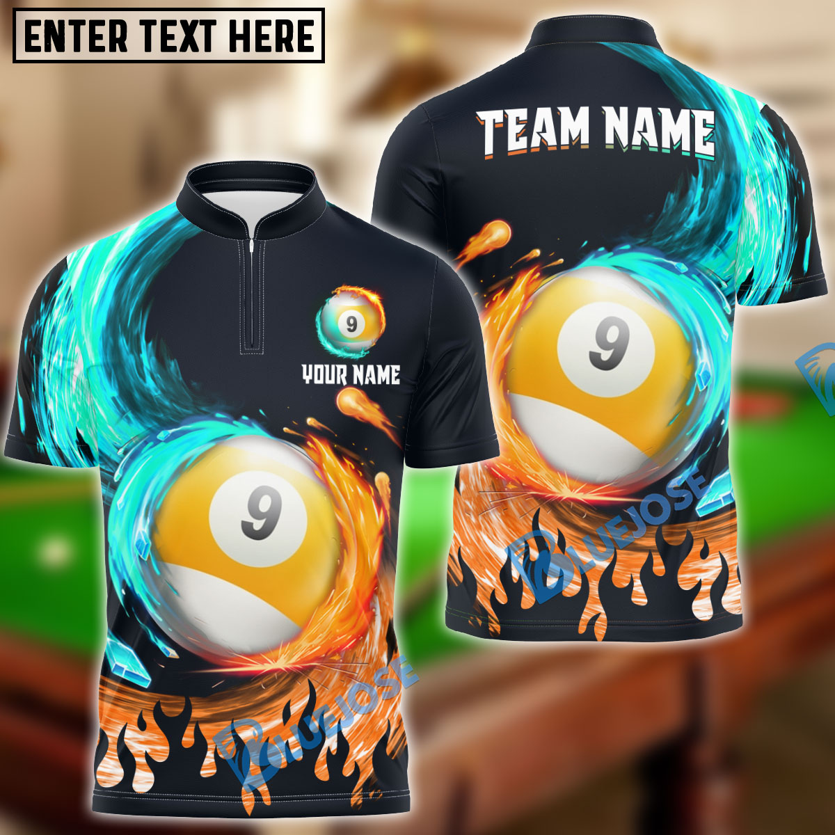 BlueJose Billiards Ball 9 Spinning Paint Personalized Name, Team Name Unisex Shirt (4 Colors)