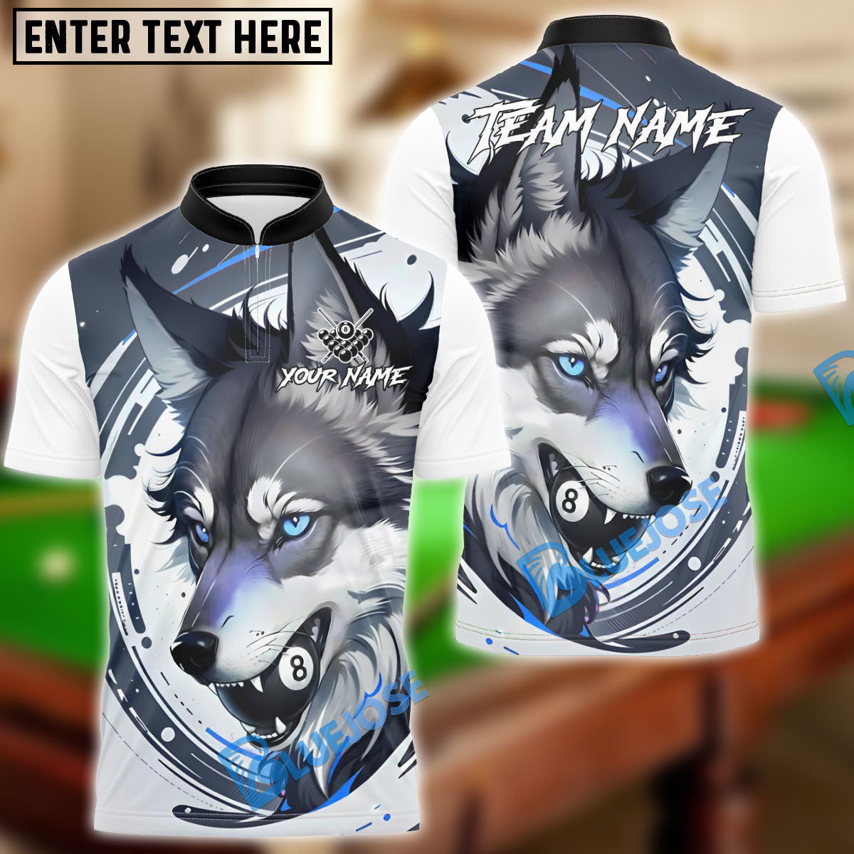 BlueJose Billiards 8-Ball Wolf Dynamic Design Customized Name, Team Name 3D Shirt (4 Colors)