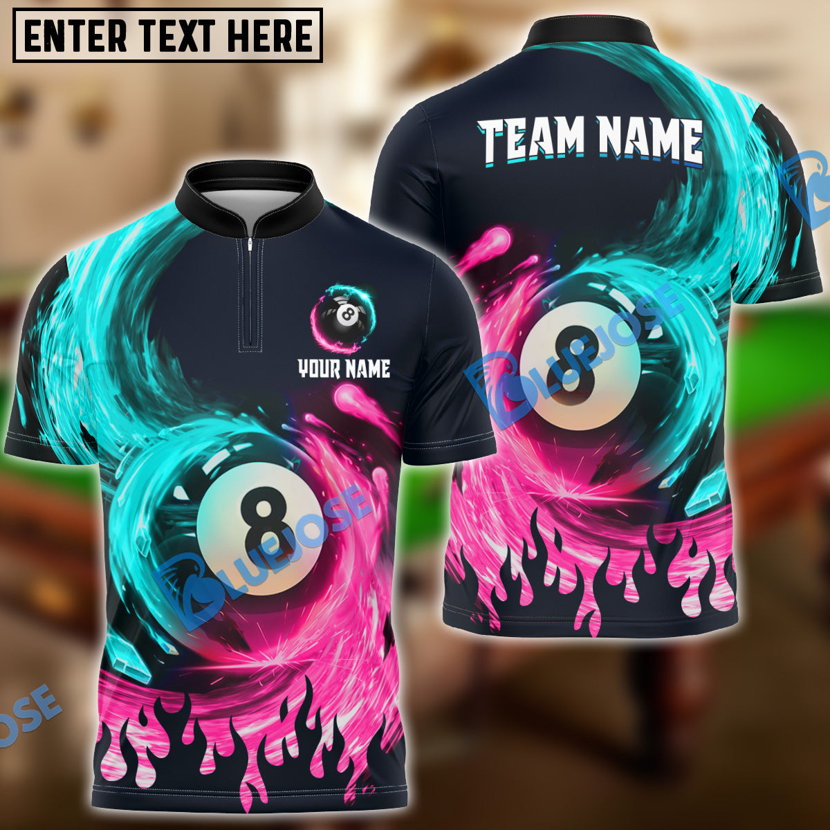 BlueJose Billiards Ball 8 Spinning Paint Personalized Name, Team Name Unisex Shirt (4 Colors)