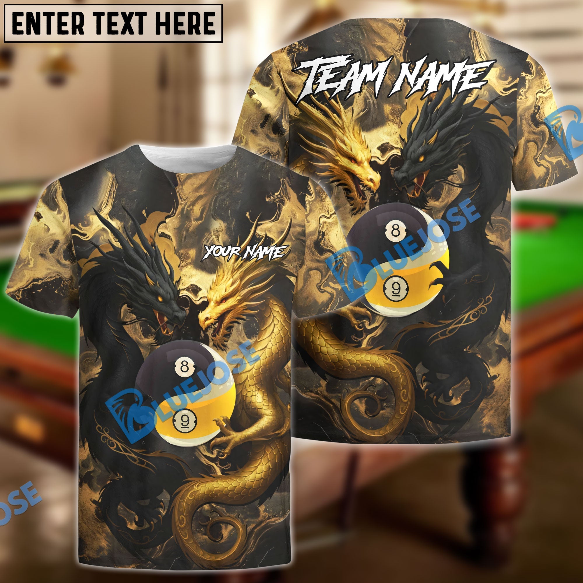 BlueJose Billiards Ball 8 & 9 Yin Yang Dragon Personalized Name Shirt (4 Colors)