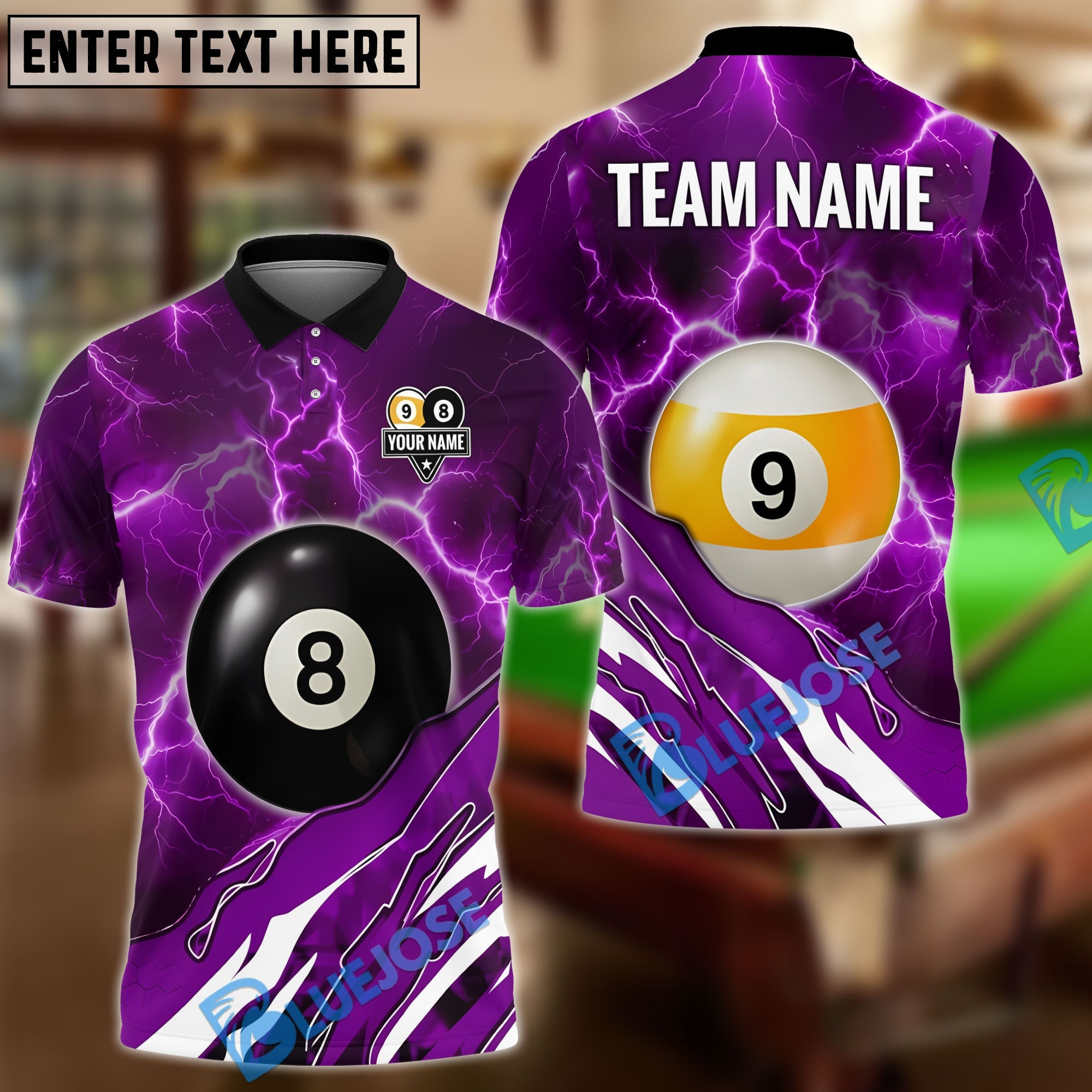 BlueJose Billiards Ball 8&9 Lightning Pool Electric Storm Graphic Customized Name, Team Name 3D Shirt (6 Colors)