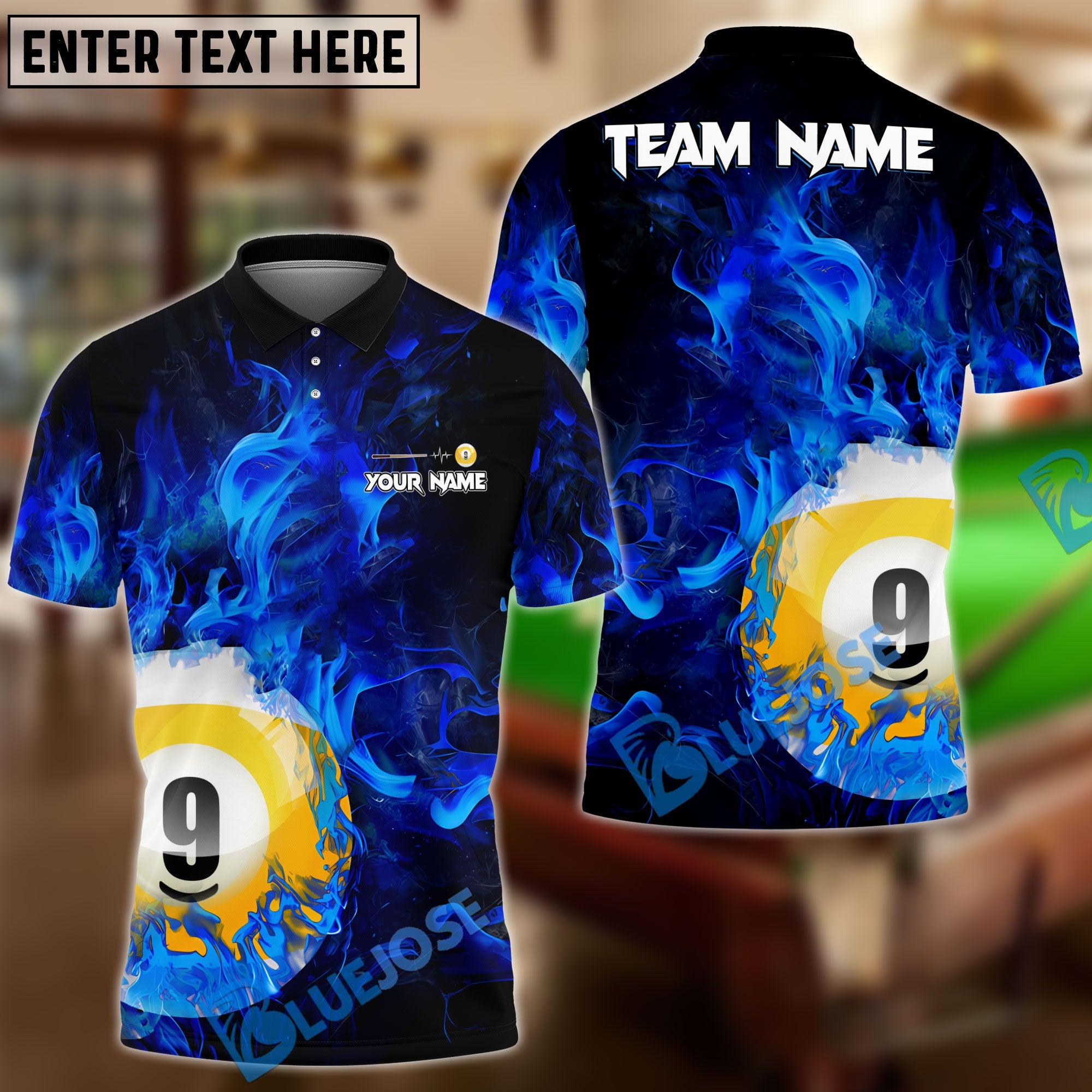 BlueJose Billiards Ball 9 Fire Art Premium Personalized Name, Team Name Shirt (4 Colors)