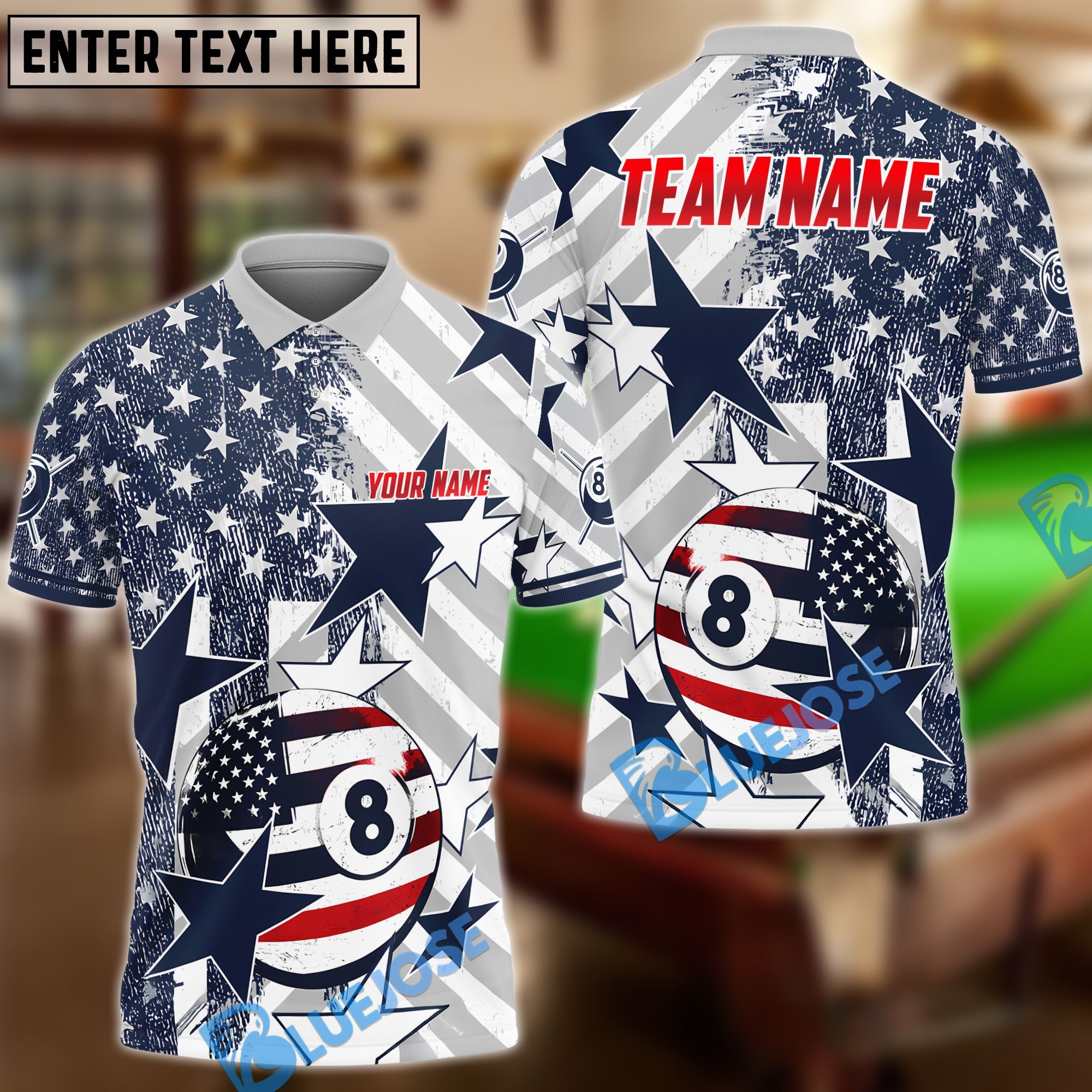 BlueJose Billiards Ball 8 American Flag Star Personalized Name Shirt (4 Colors)