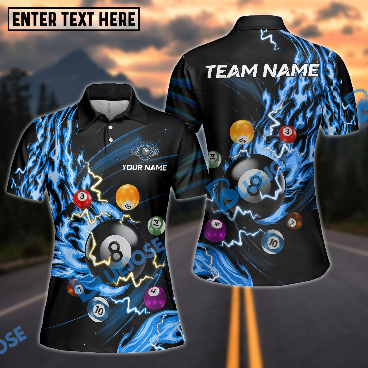 BlueJose Billiards Fire Flame Lightning 8 Ball Pool Customized Name, Team Name 3D Shirt (4 Colors)