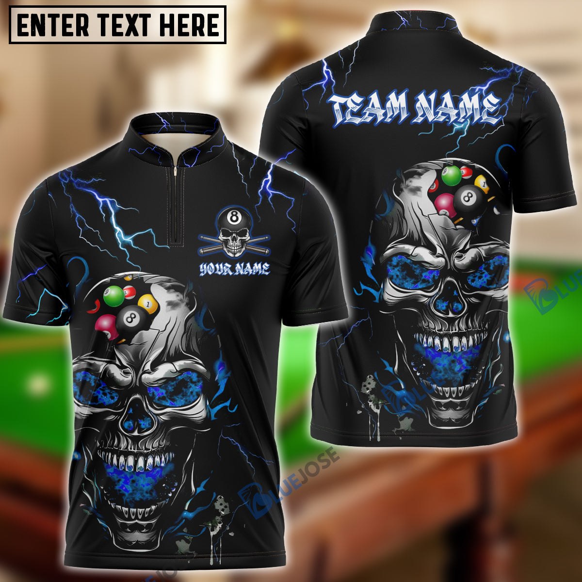 BlueJose Billiards Thunder Lightning Skull Personalized Name Shirt (4 Colors)