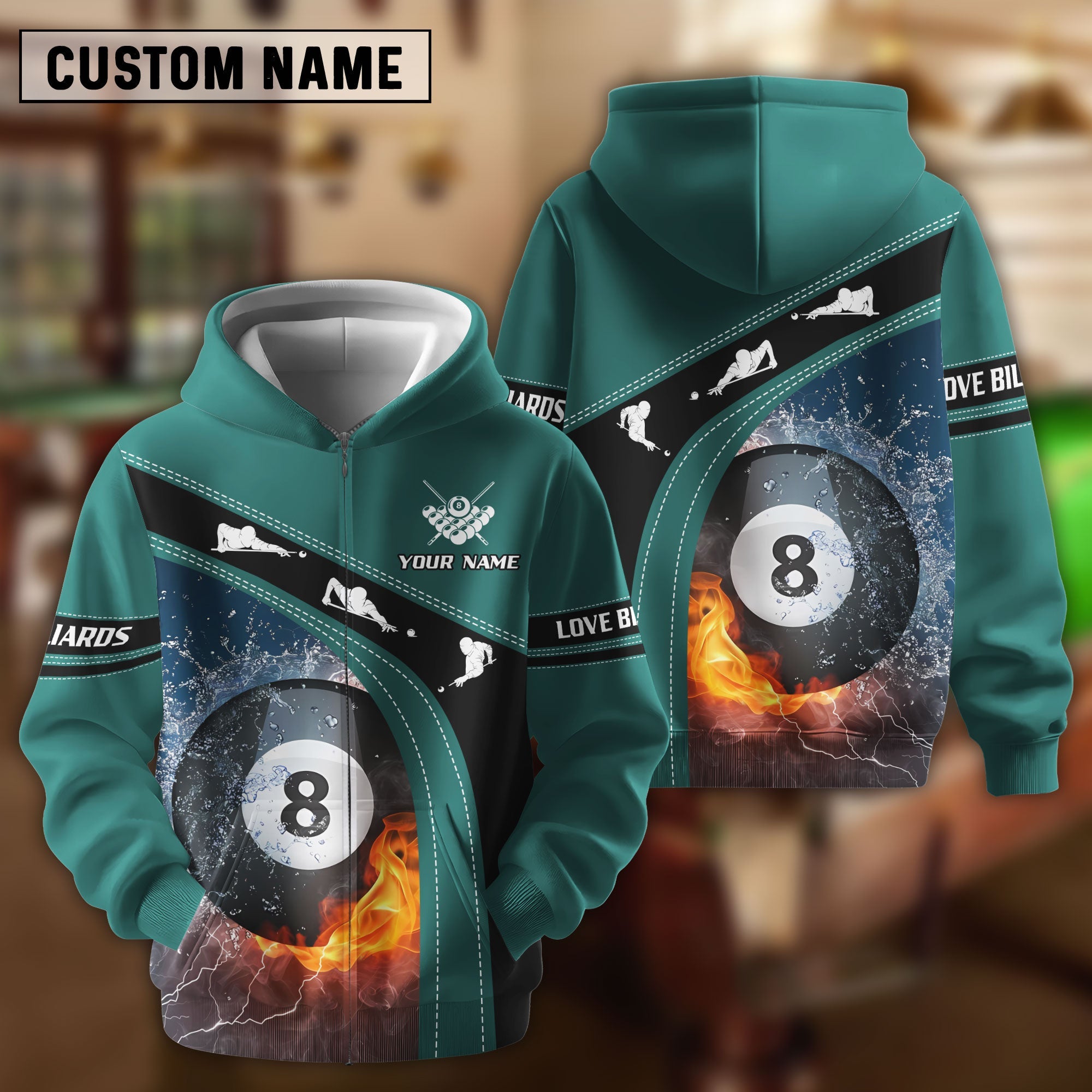 BlueJose Billiard Lover Green Personalized Name 3D Over Printed Hoodie