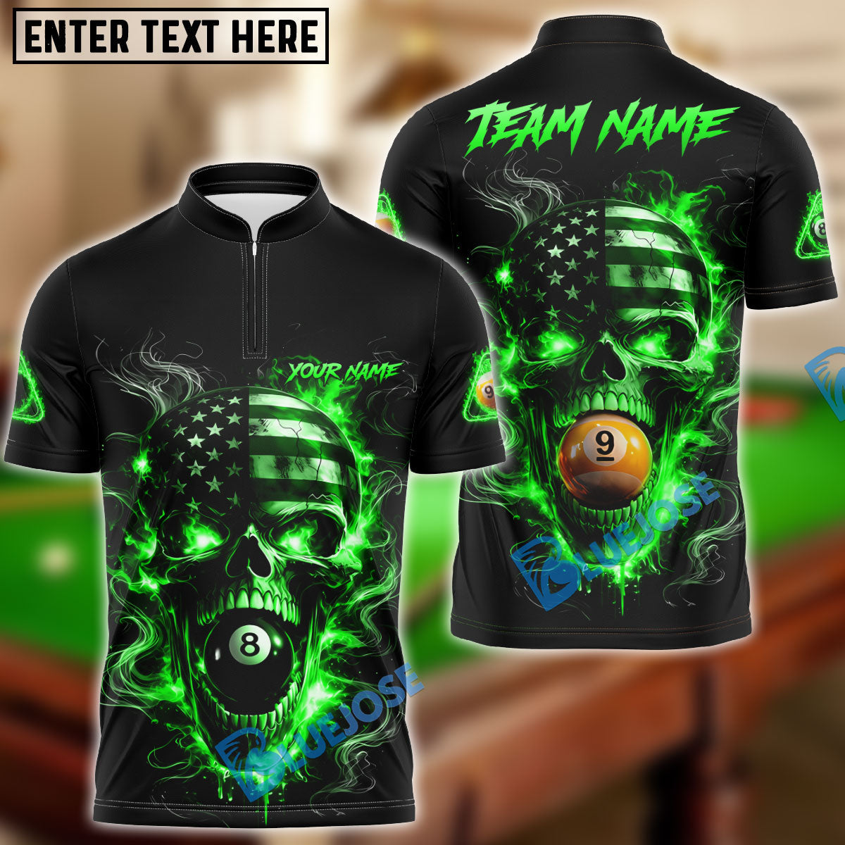 BlueJose Billiards 8 Ball 9 Ball Flame American Flag Skull Customized Name, Team Name 3D Shirt (4 Colors)