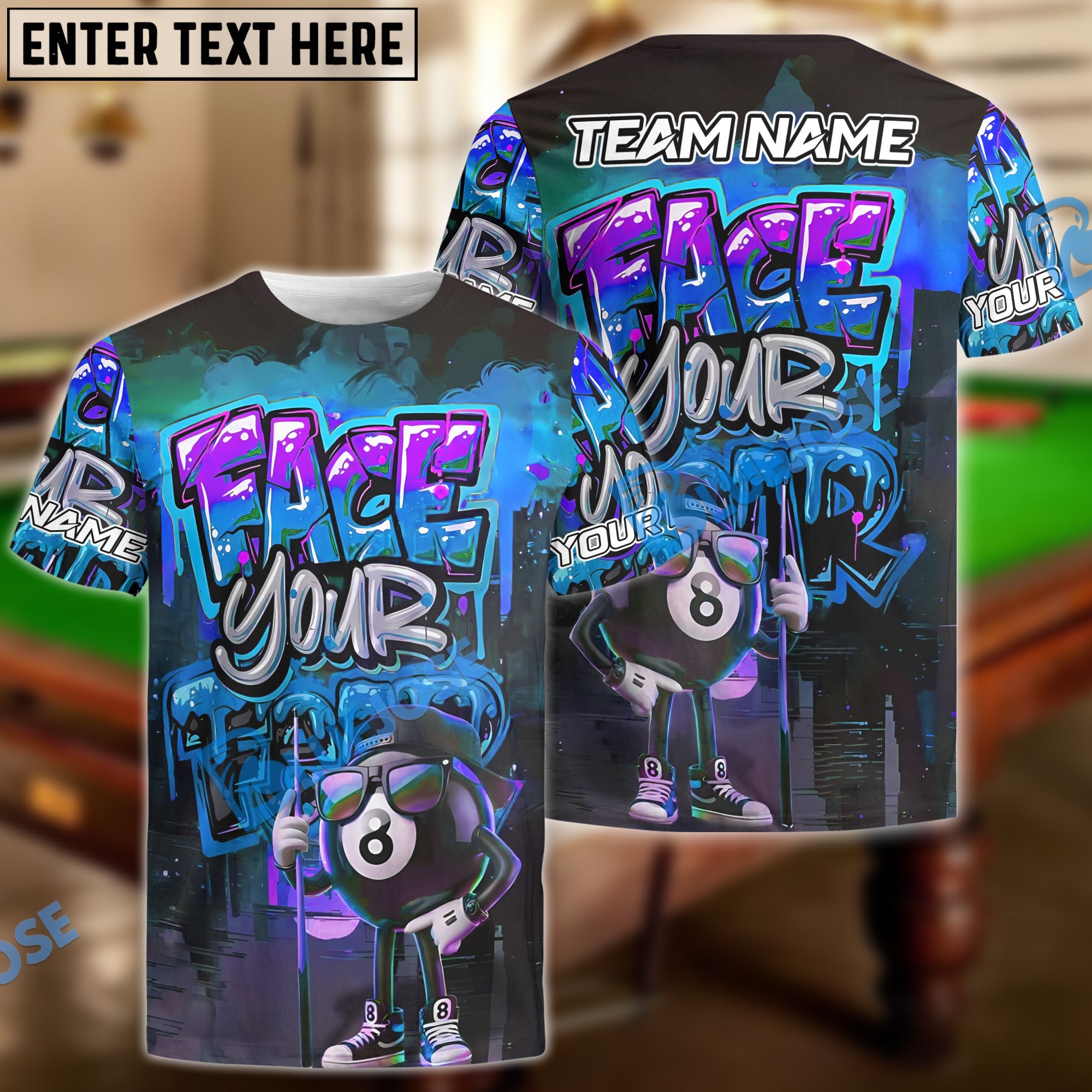 BlueJose Billiards 8 Ball Graffiti Street Art Face Your Fear Style Personalized Name, Team Name Unisex Shirt (4 Colors)