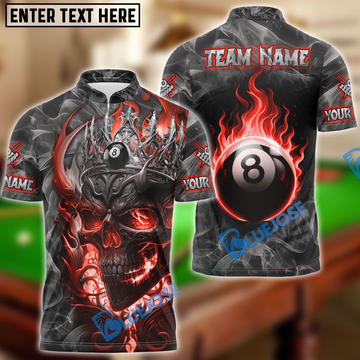 BlueJose Billiards Ball 8 Flame King Skull Personalized Name Shirt (4 Colors)