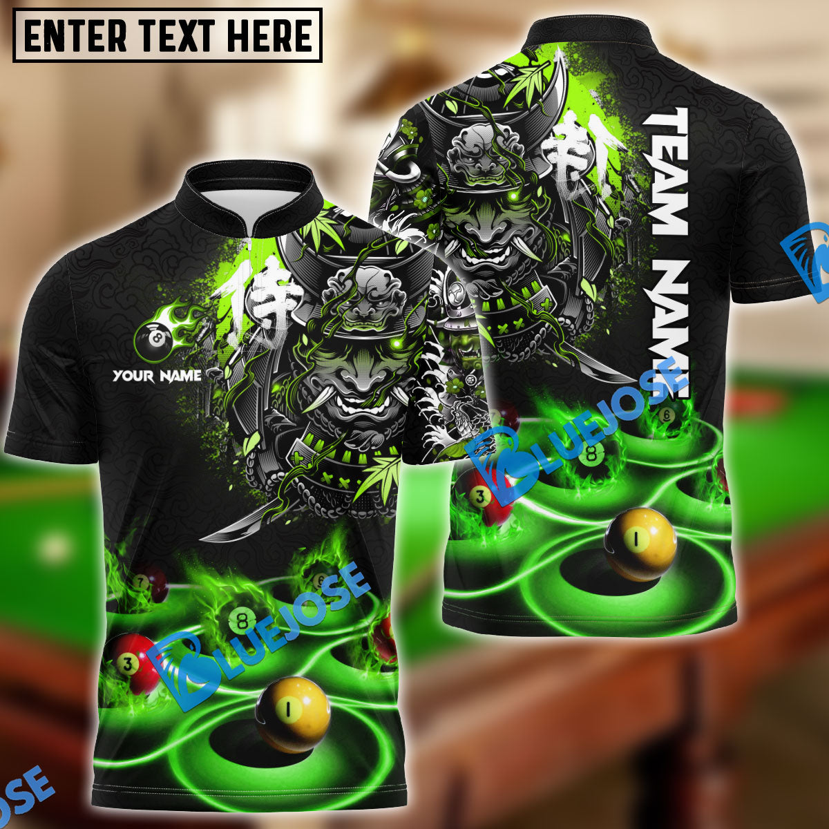 BlueJose Billiards Flame Samurai Personalized Name, Team Name Shirt (6 Colors)