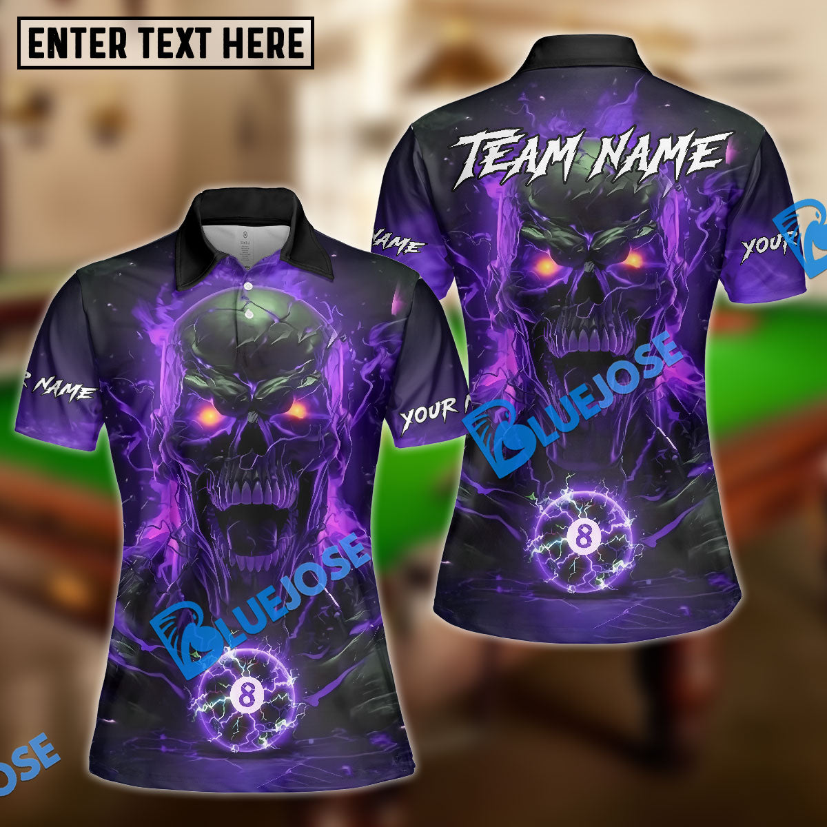 BlueJose Billiards 8 Ball Skull Hellfire Rage Personalized Name, Team Name Unisex Shirt (4 Colors)