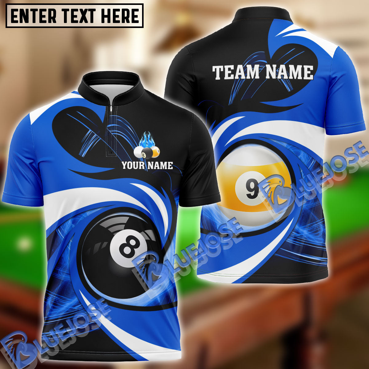 BlueJose Billiards 8 Ball & 9 Ball Stormeye Personalized Name, Team Name Unisex Shirt (6 Colors)